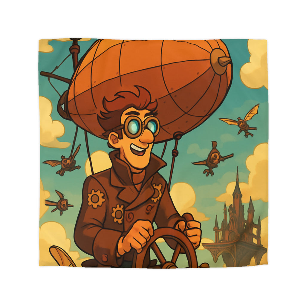 Housse de Couette Steampunk avec Ballon Dirigeable et Cité Volante dans le Ciel