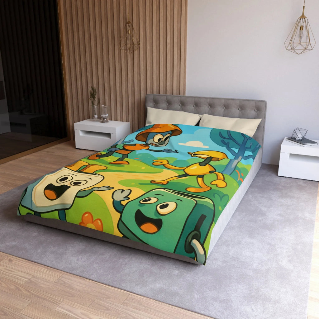 Housse de couette colorée avec robots joyeux et paysage forestier graphique