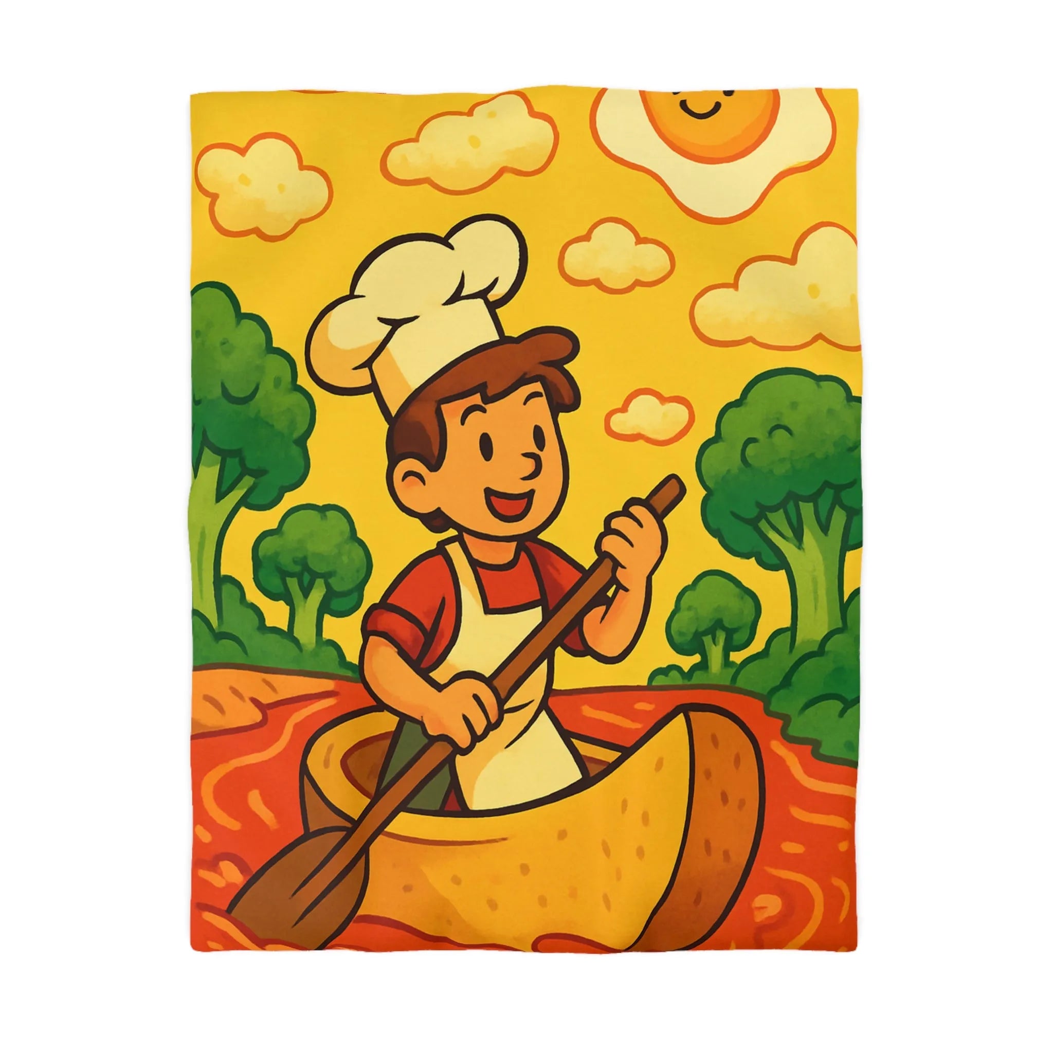 Housse de Couette Chef Enfant Naviguant en Barque sur Rivière Orange Ludique et Colorée