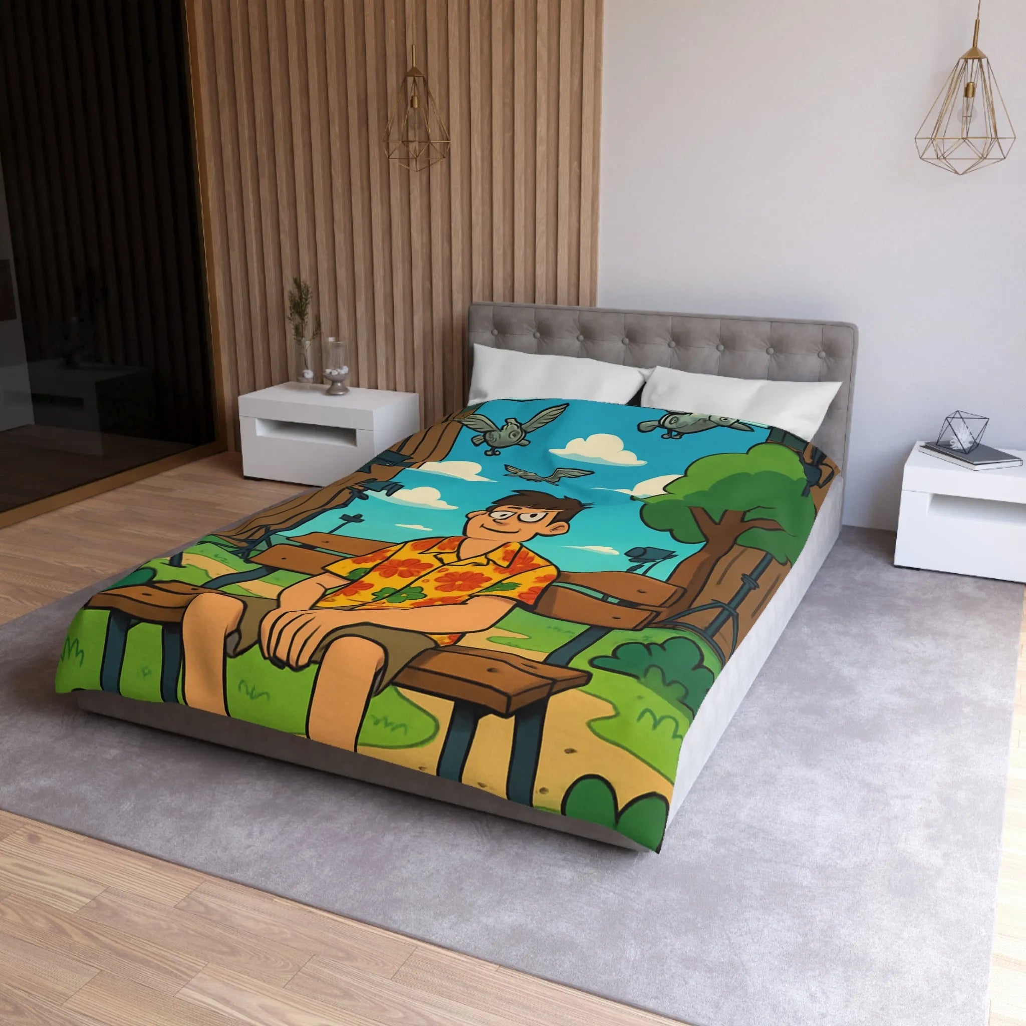 Housse de couette amusante avec motif de banc, homme et oiseaux volants