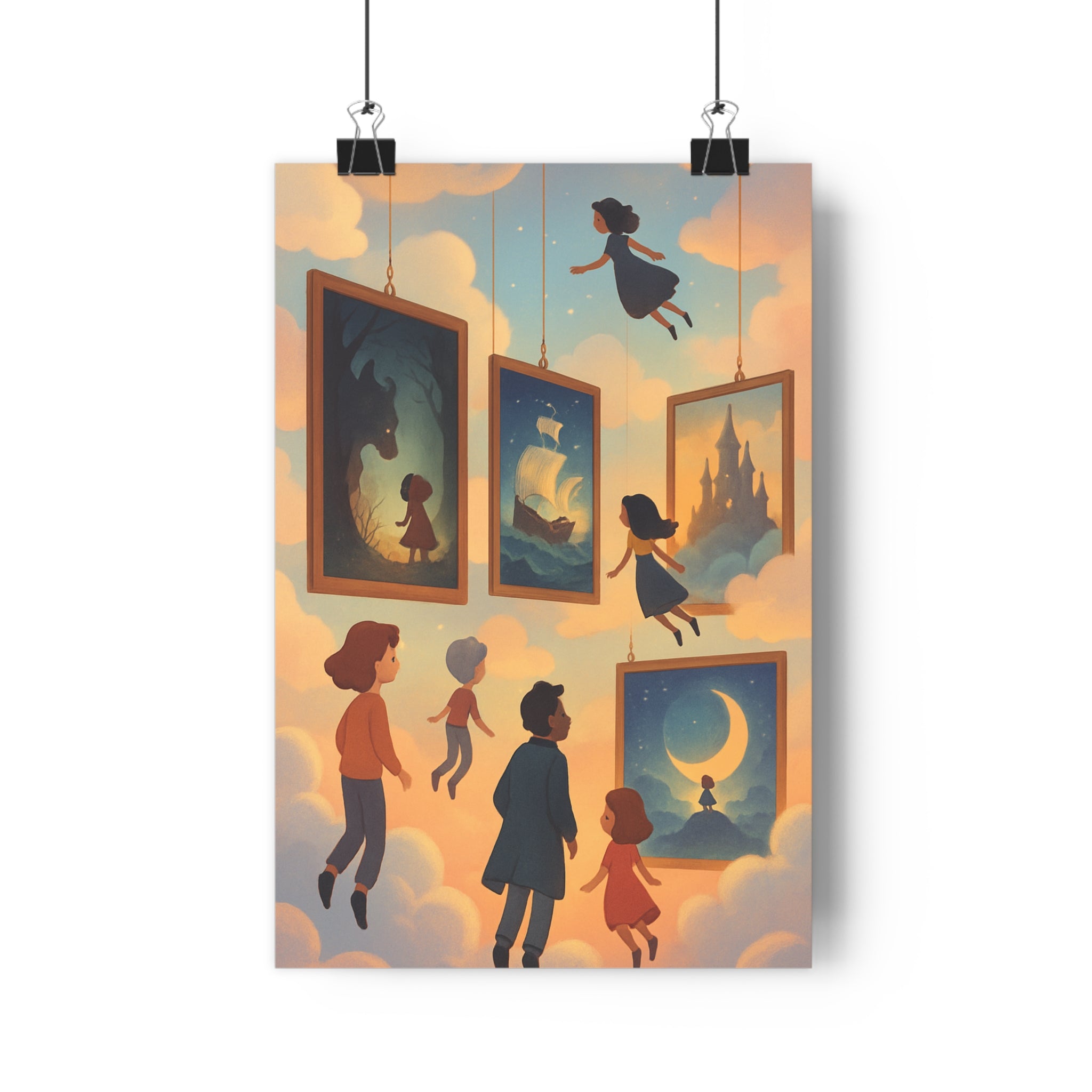 Poster décoratif rêveur ambiance magique nuages personnages fantastiques pastel aube chambre salon tableau qualité