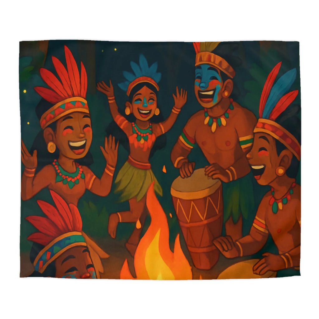 Housse de couette colorée avec illustration de danse tribale autour d'un feu de camp
