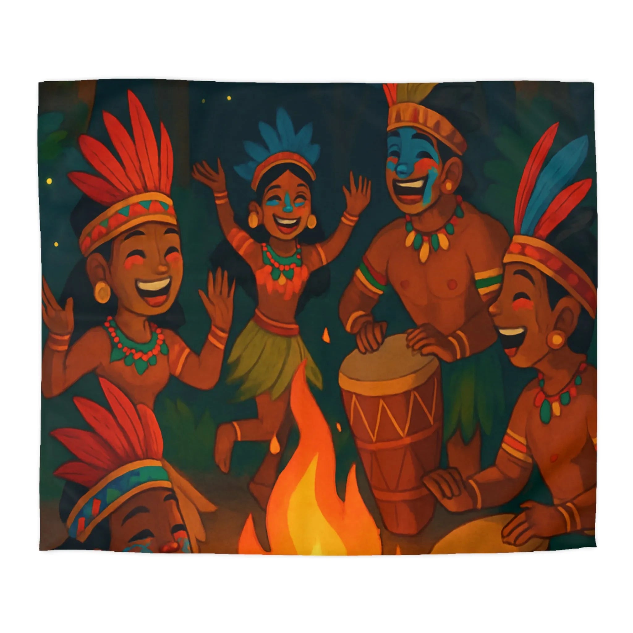 Housse de couette colorée avec illustration de danse tribale autour d'un feu de camp