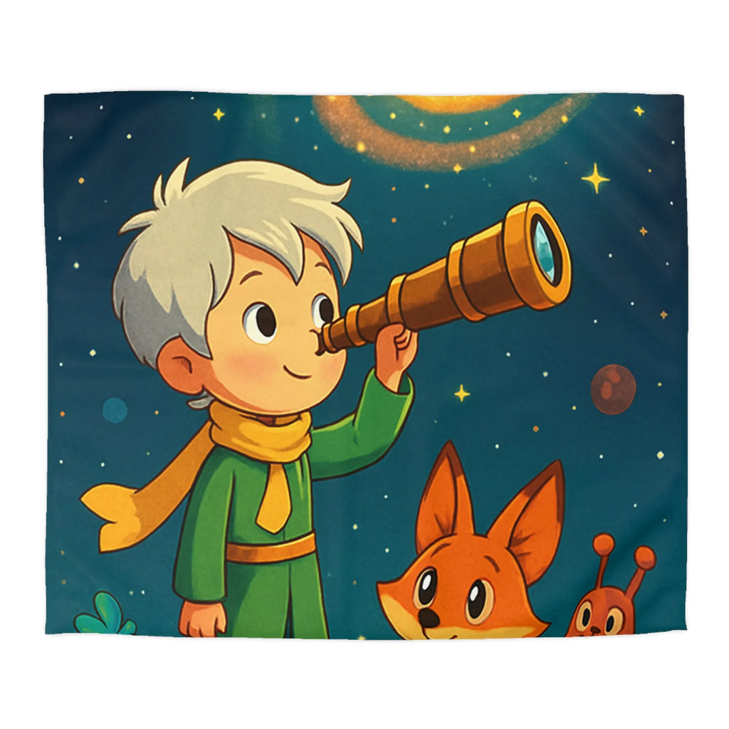 Housse de couette enfant rêveur observant les étoiles avec télescope et animaux adorables