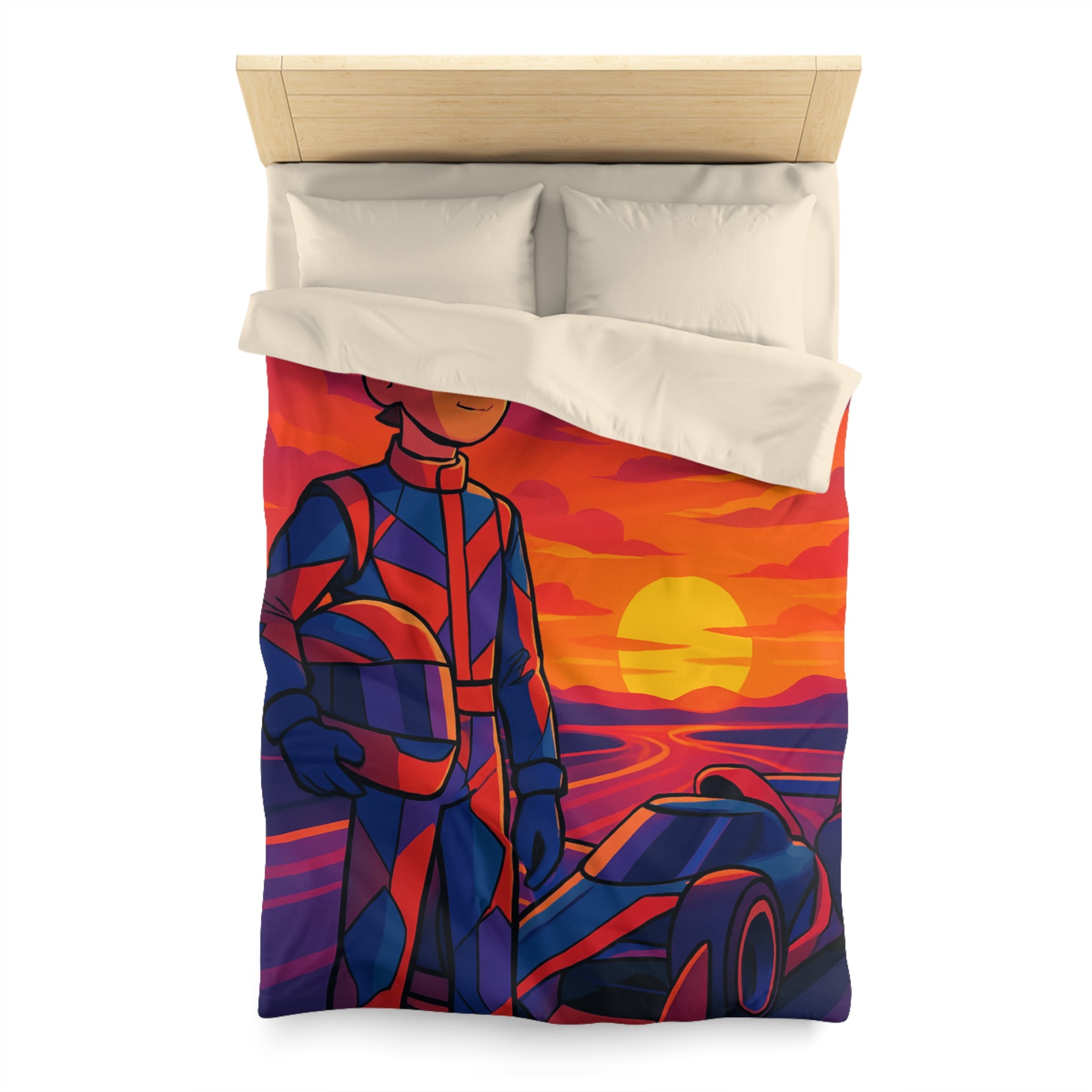 Housse de couette motif pilote de course et voiture au coucher du soleil vibrant