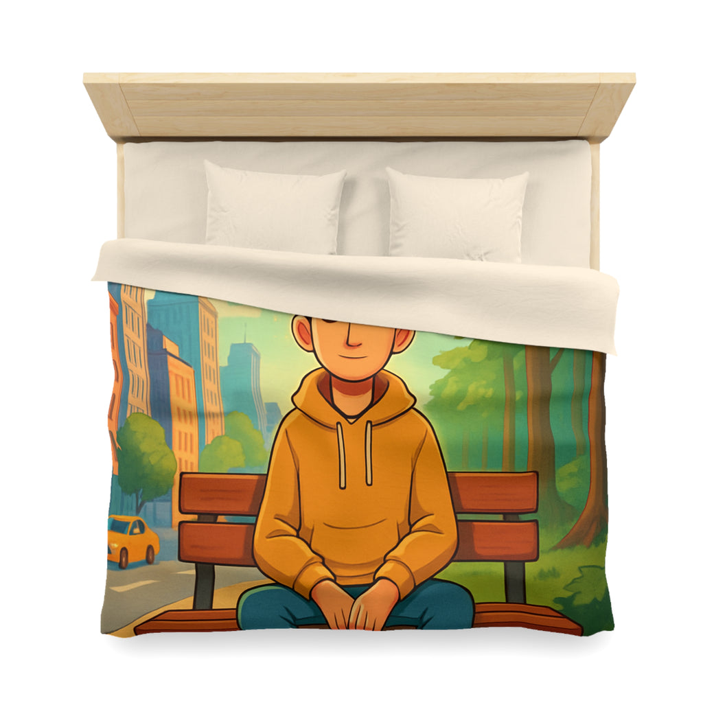 Housse de couette rêveuse garçon banco bois cartes illuminées parc illustré nature