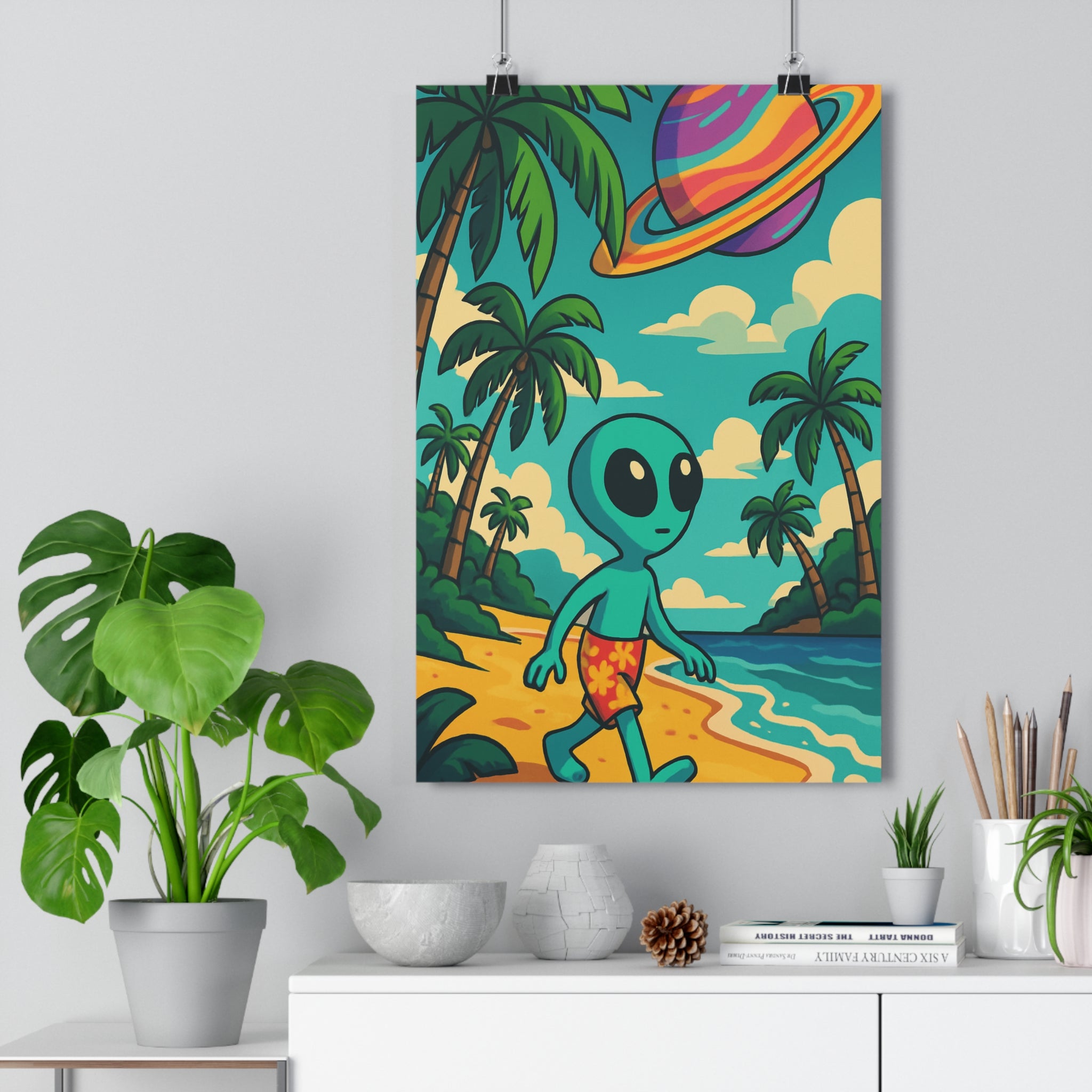 Poster décoratif tropical extraterrestre coloré sciencefiction aventure plage chambre salon moderne fantastique ambiance qualité