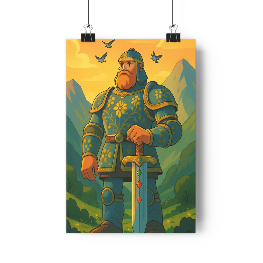 Poster décoratif épique aventure guerrier colosse armure bleu montagnes salon chambre bureau moderne qualité