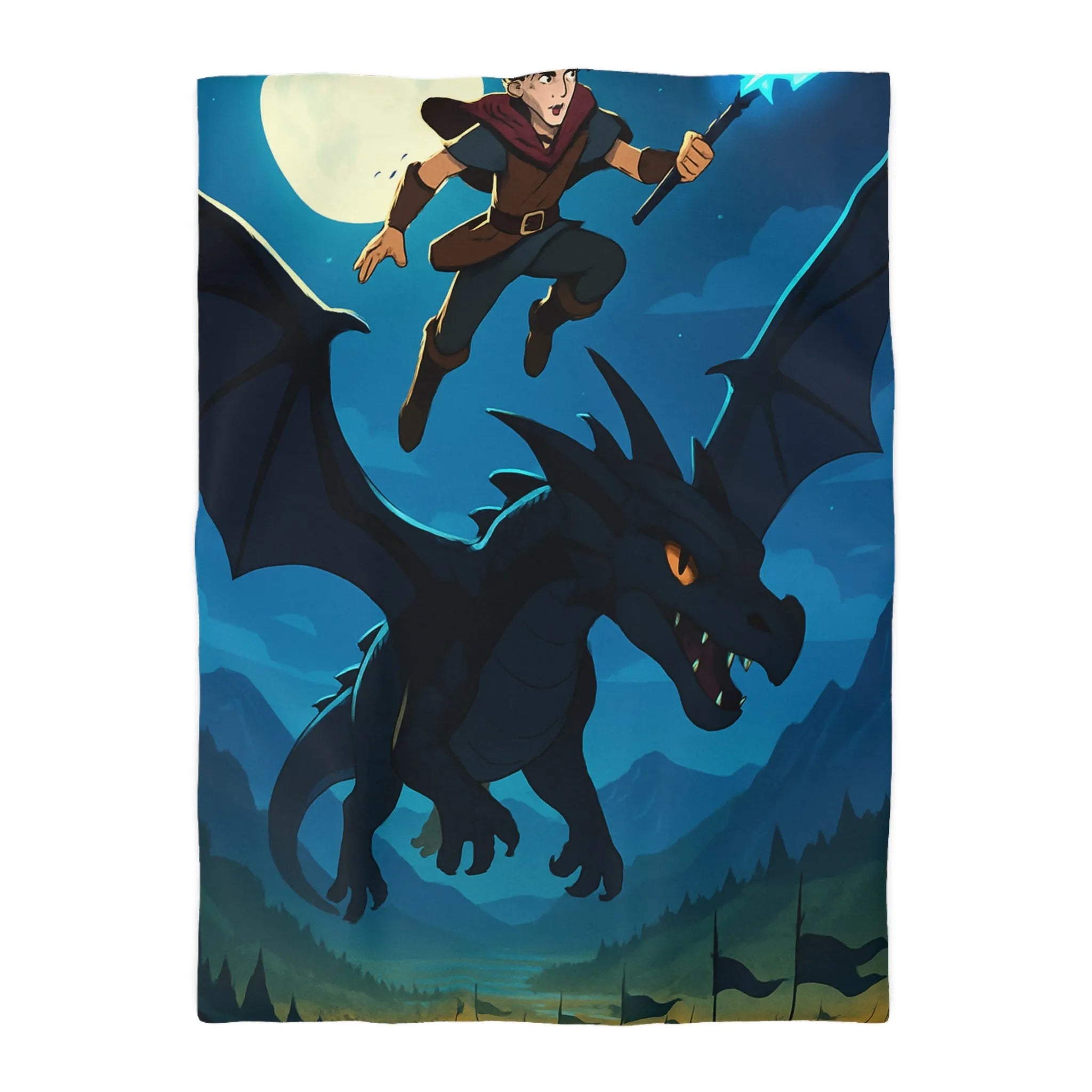 Housse de couette épique avec dragon volant et sorcier sous la pleine lune magique