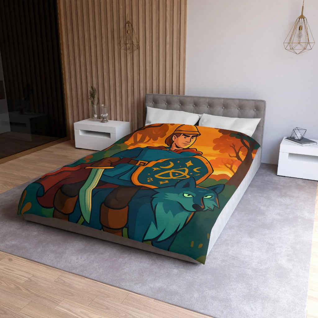Housse de couette fantastique avec chevalier médiéval et loup dans forêt enchantée vibrante