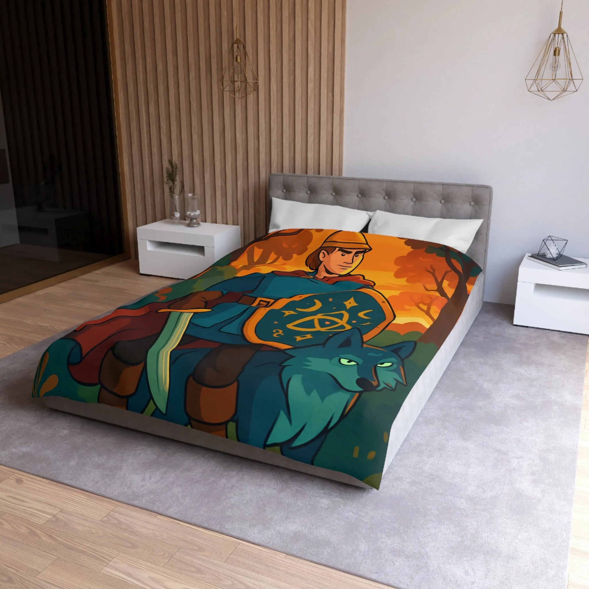 Housse de couette fantastique avec chevalier médiéval et loup dans forêt enchantée vibrante
