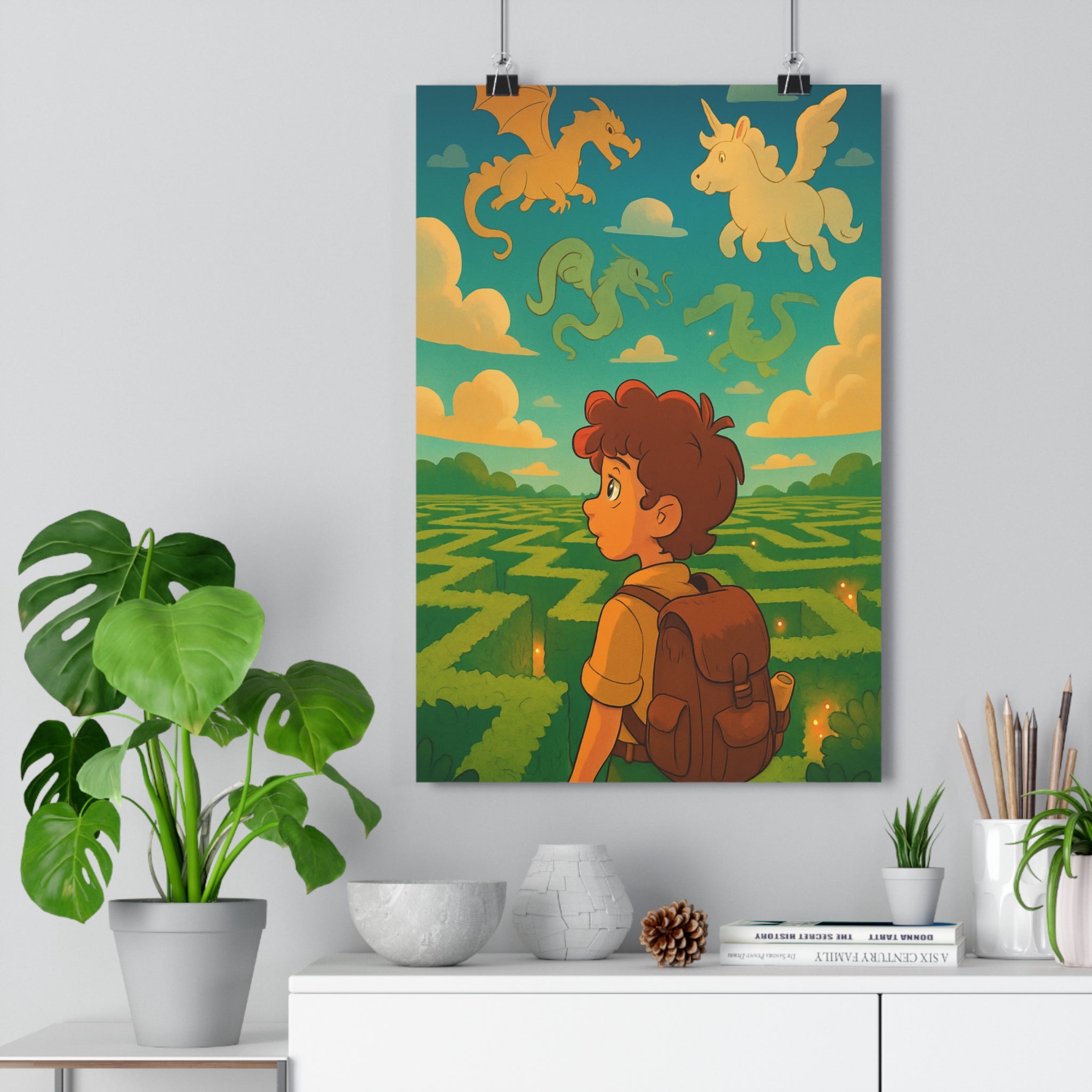 Poster décoratif vert bleu dessin animé aventure chambre enfant magique créatures fantastiques garçon exploration