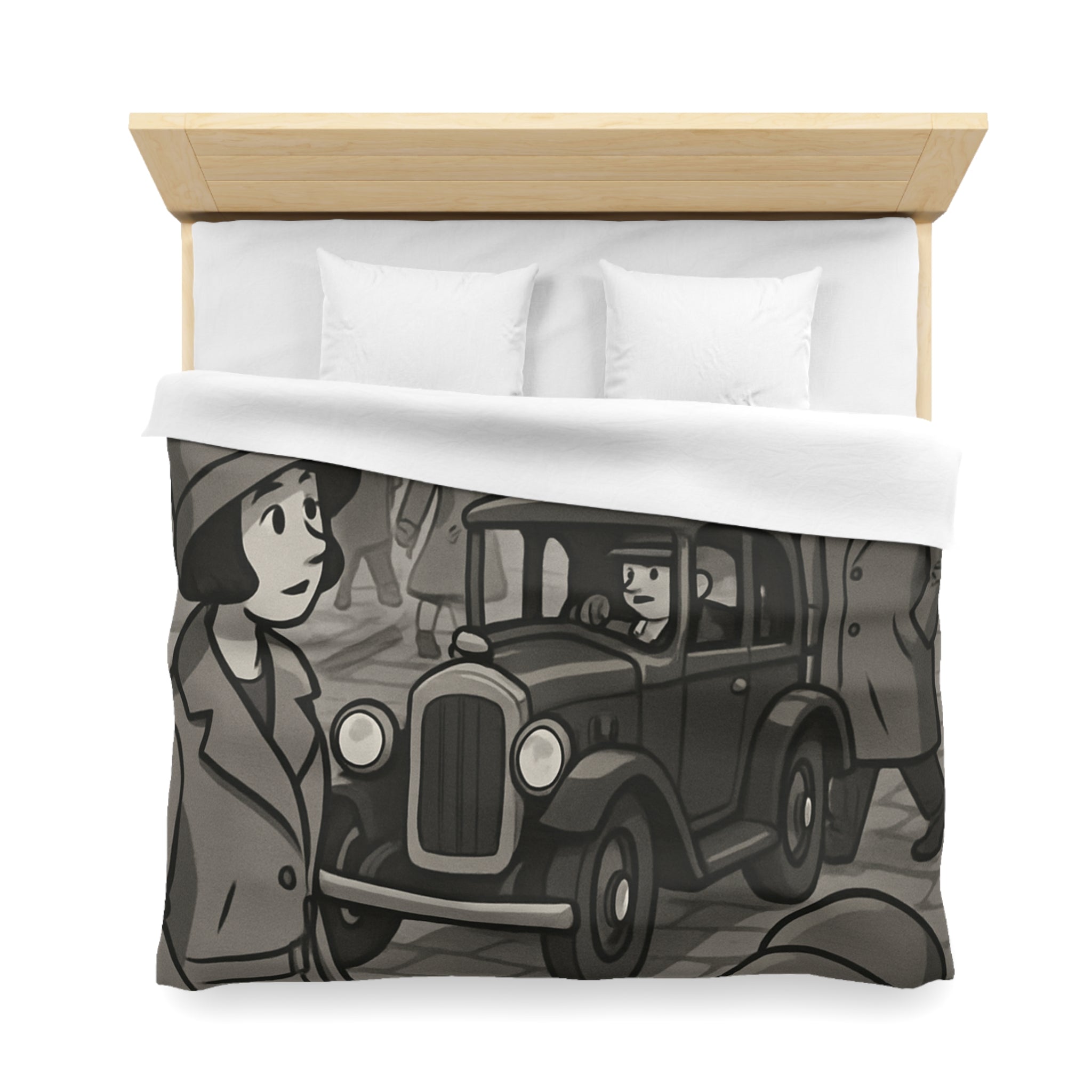 Housse de Couette Vintage avec Rue Animée et Voiture des Années 1930