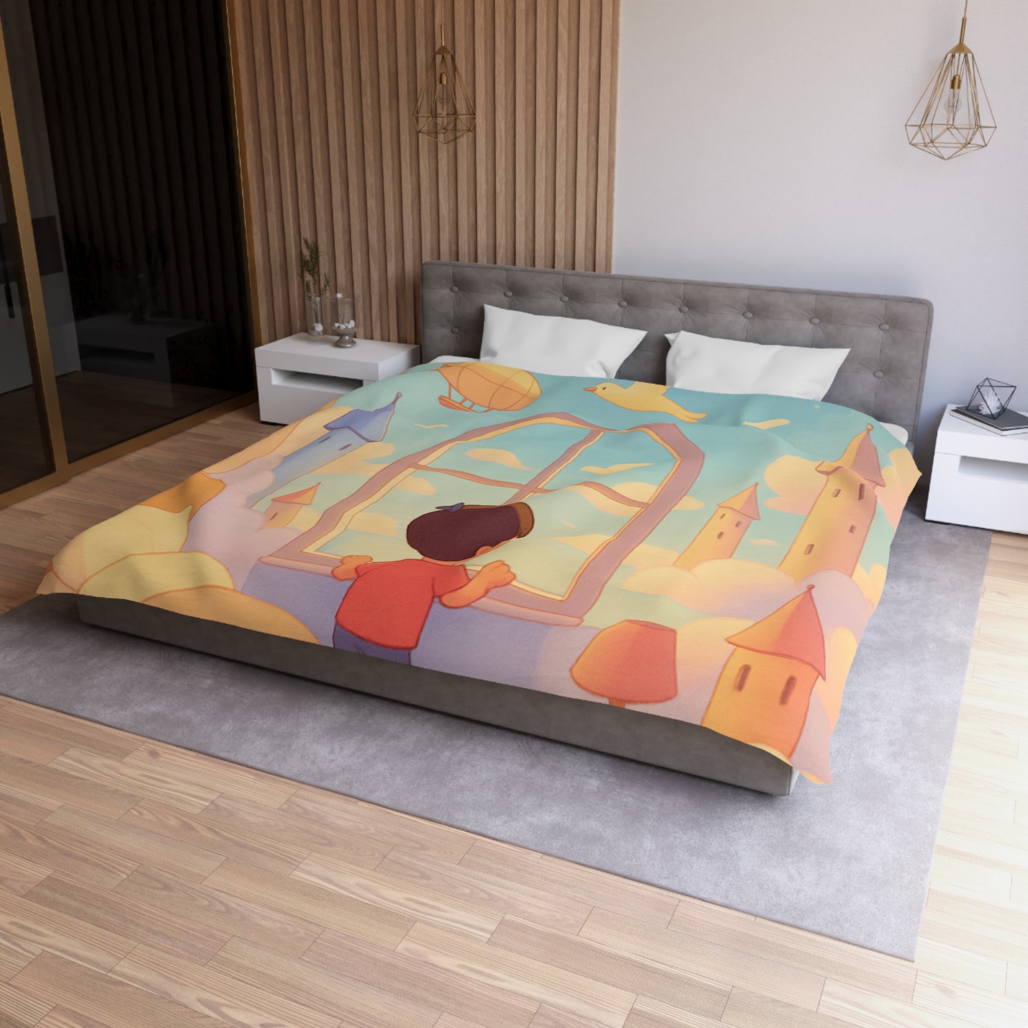 Housse de couette rêveuse enfantine avec nuages, dirigeables et oiseaux volants paisibles