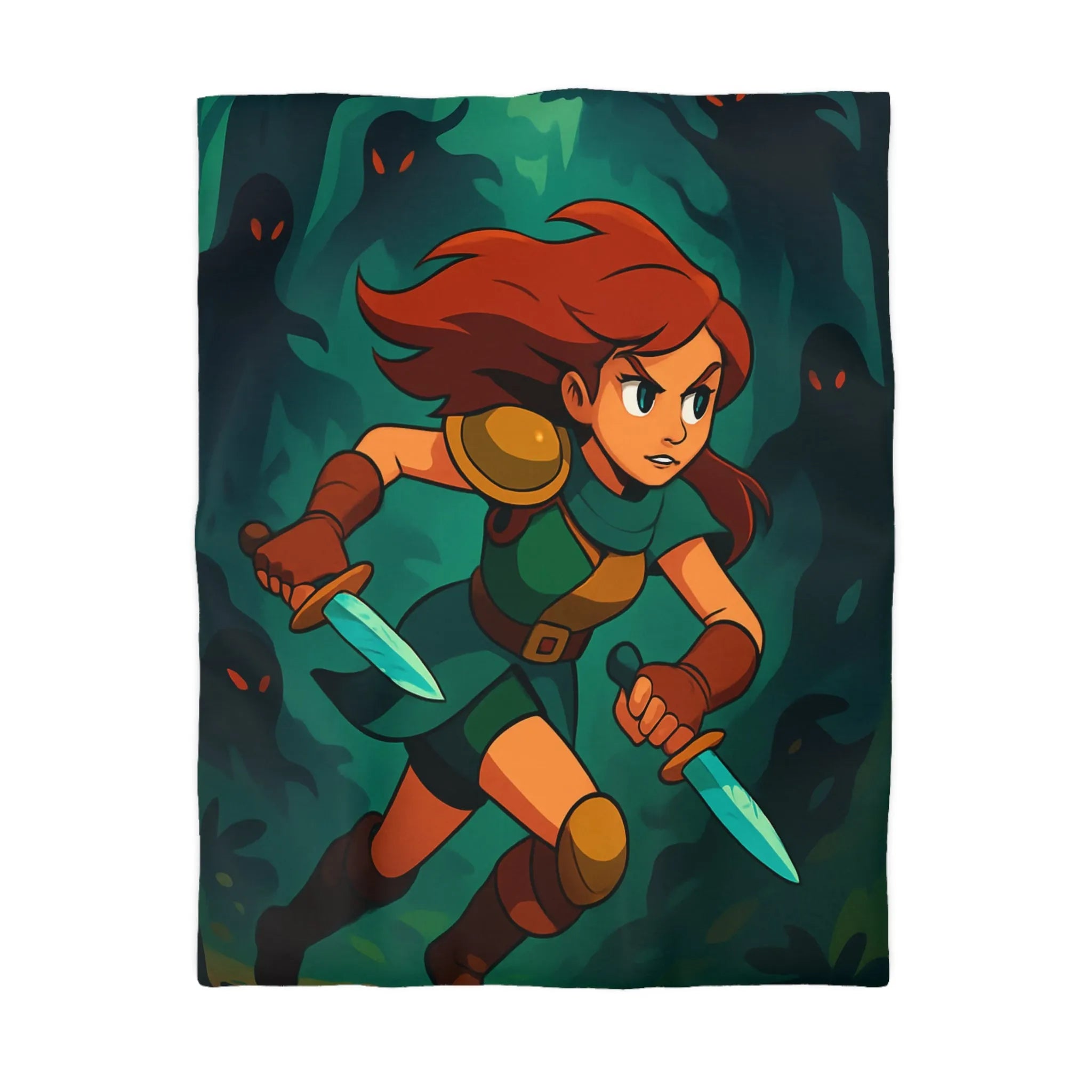 Housse de couette aventure forêt enchantée avec héroïne courageuse et lames scintillantes