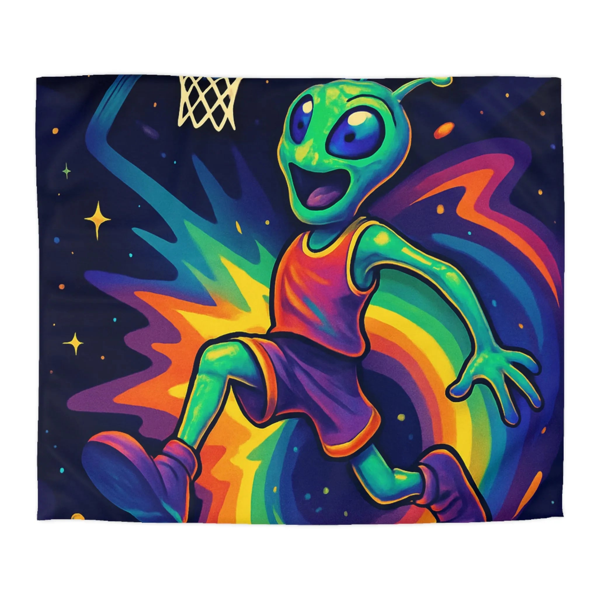 Housse de couette colorée avec alien jouant au basket dans l'espace intergalactique étoilé