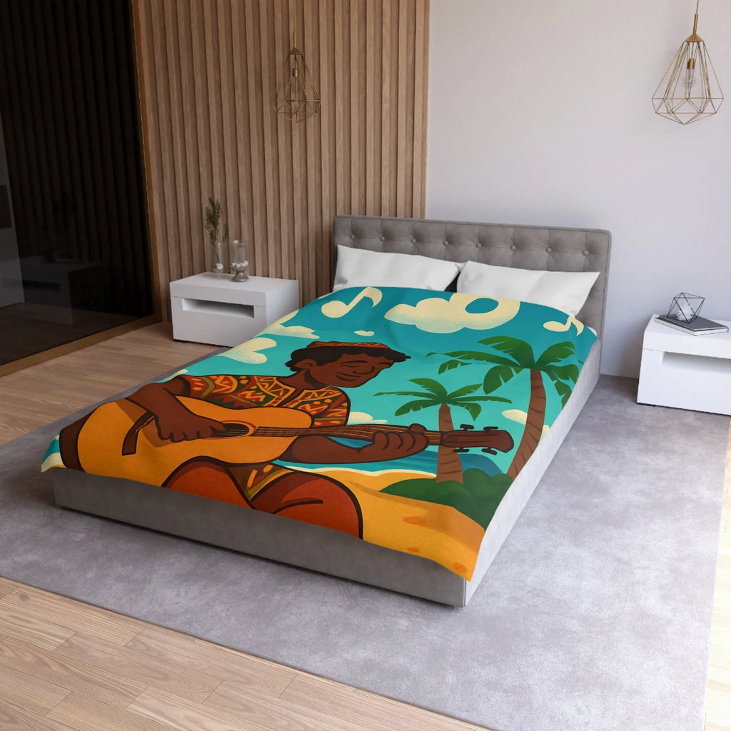 Housse de couette illustrée avec musicien joyeux sous les palmiers en bord de mer