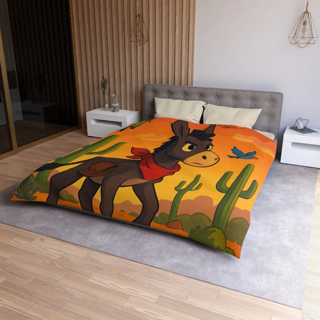 Housse de couette avec âne mignon et oiseaux colorés en désert animé
