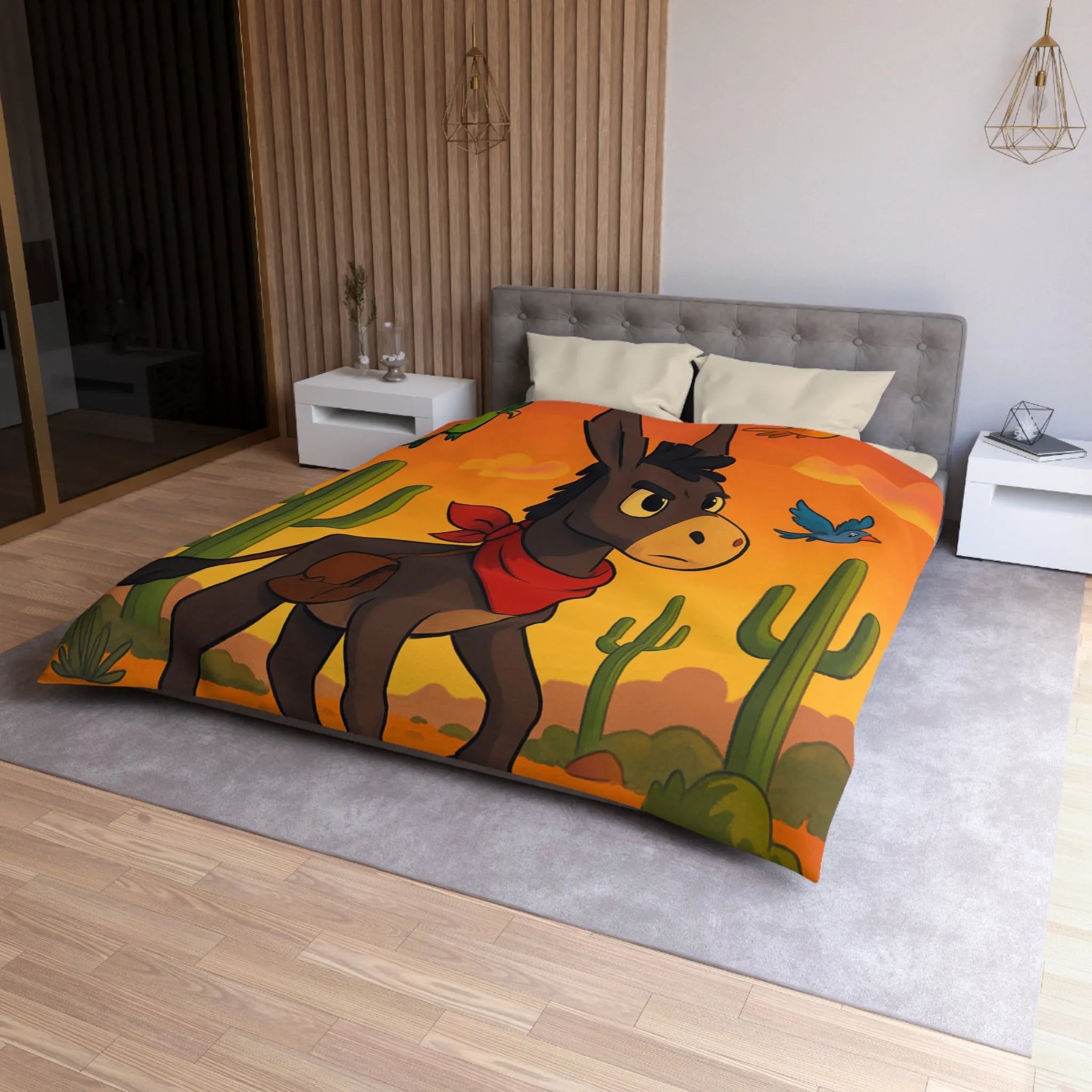 Housse de couette avec âne mignon et oiseaux colorés en désert animé