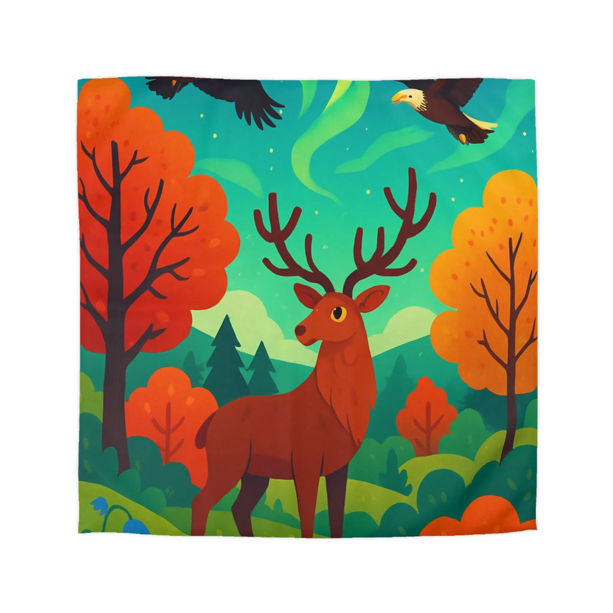 Housse de Couette Illustrée : Cerf Enchanté et Aurore Boréale dans Forêt Féérique