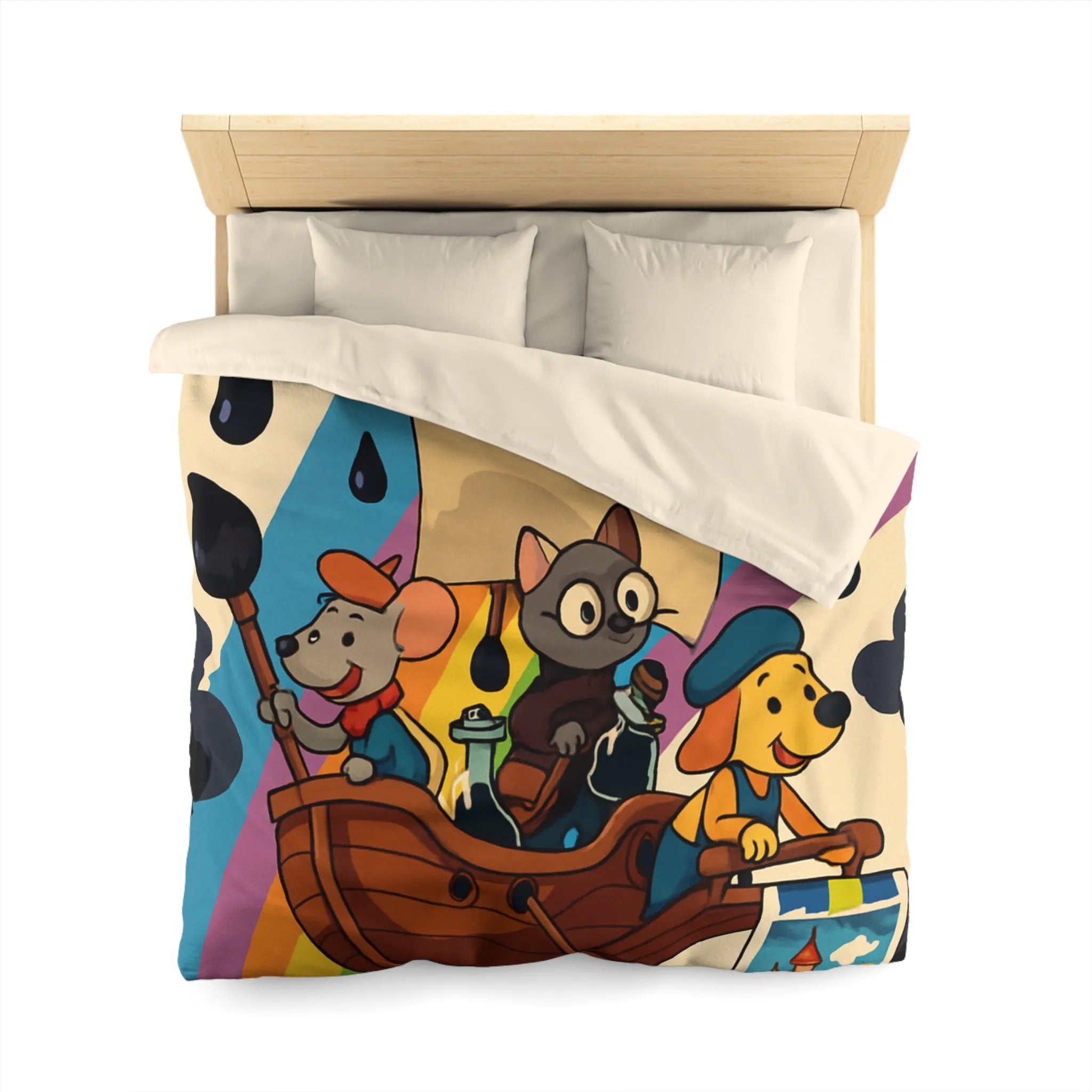 Housse de couette enfant avec animaux navigateurs sur arc-en-ciel et bateau enchanteur