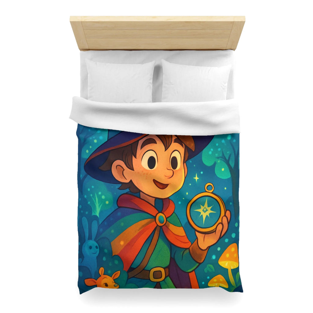Housse de Couette Enfant Fantasy avec Sorcier et Dragon dans Forêt Enchantée Étoilée