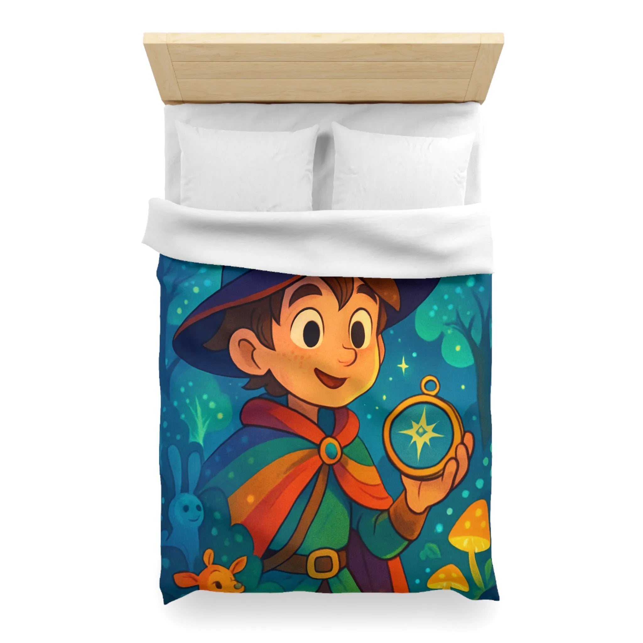 Housse de Couette Enfant Fantasy avec Sorcier et Dragon dans Forêt Enchantée Étoilée