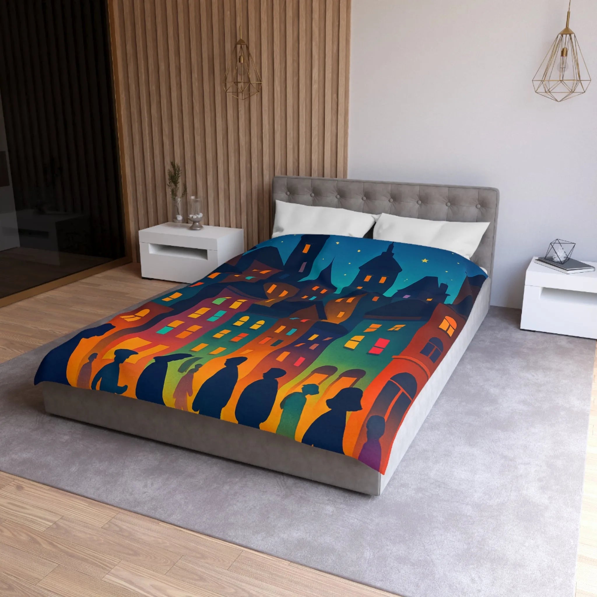 Housse de couette ambiance urbaine douce avec personnages et immeubles nocturnes stylisés