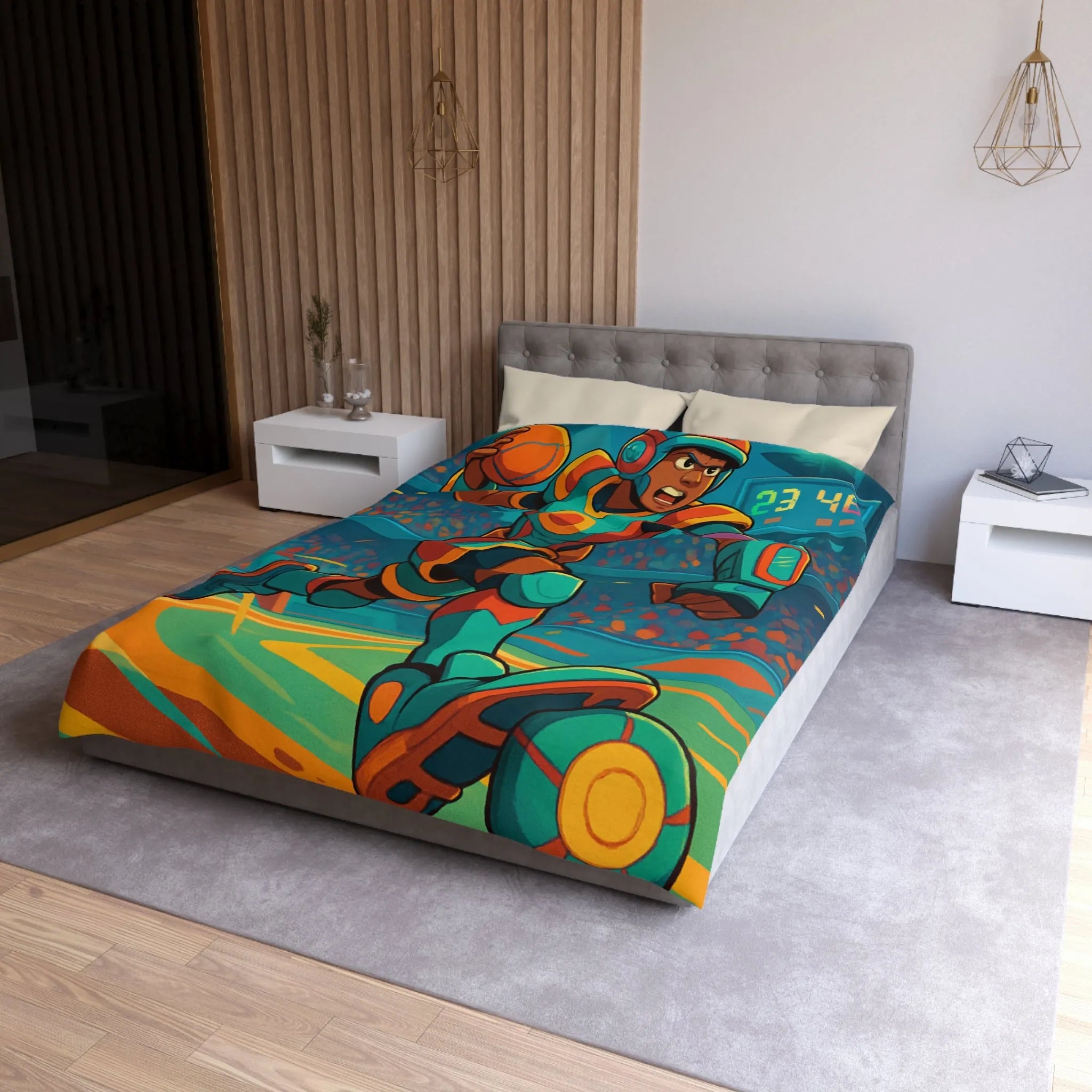 Housse de couette colorée avec joueur futuriste en action dans un stade dynamique