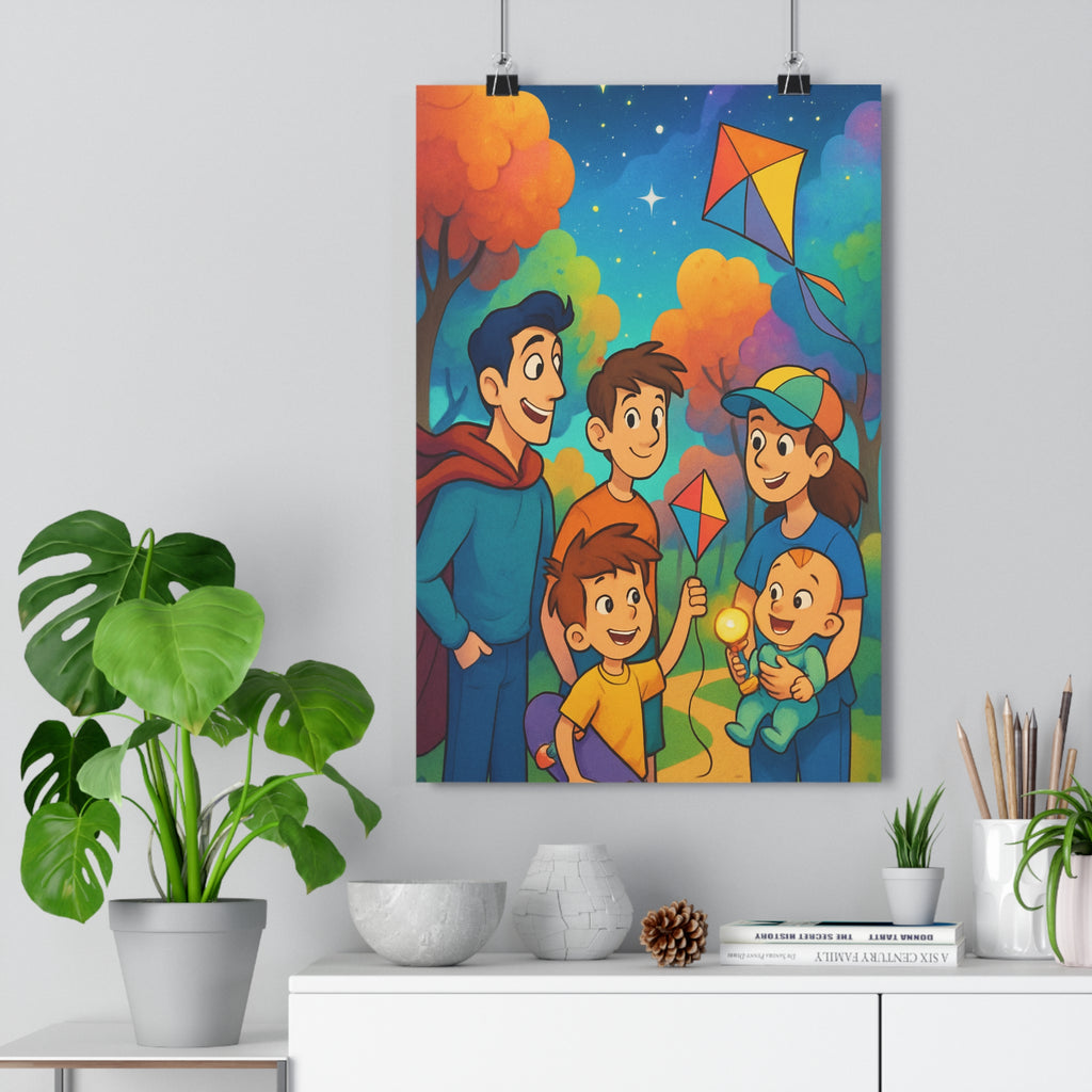 Poster décoratif dessin animé coloré vibrante joyeuse chambre enfant famille cerfvolant ciel étoilé 30x46