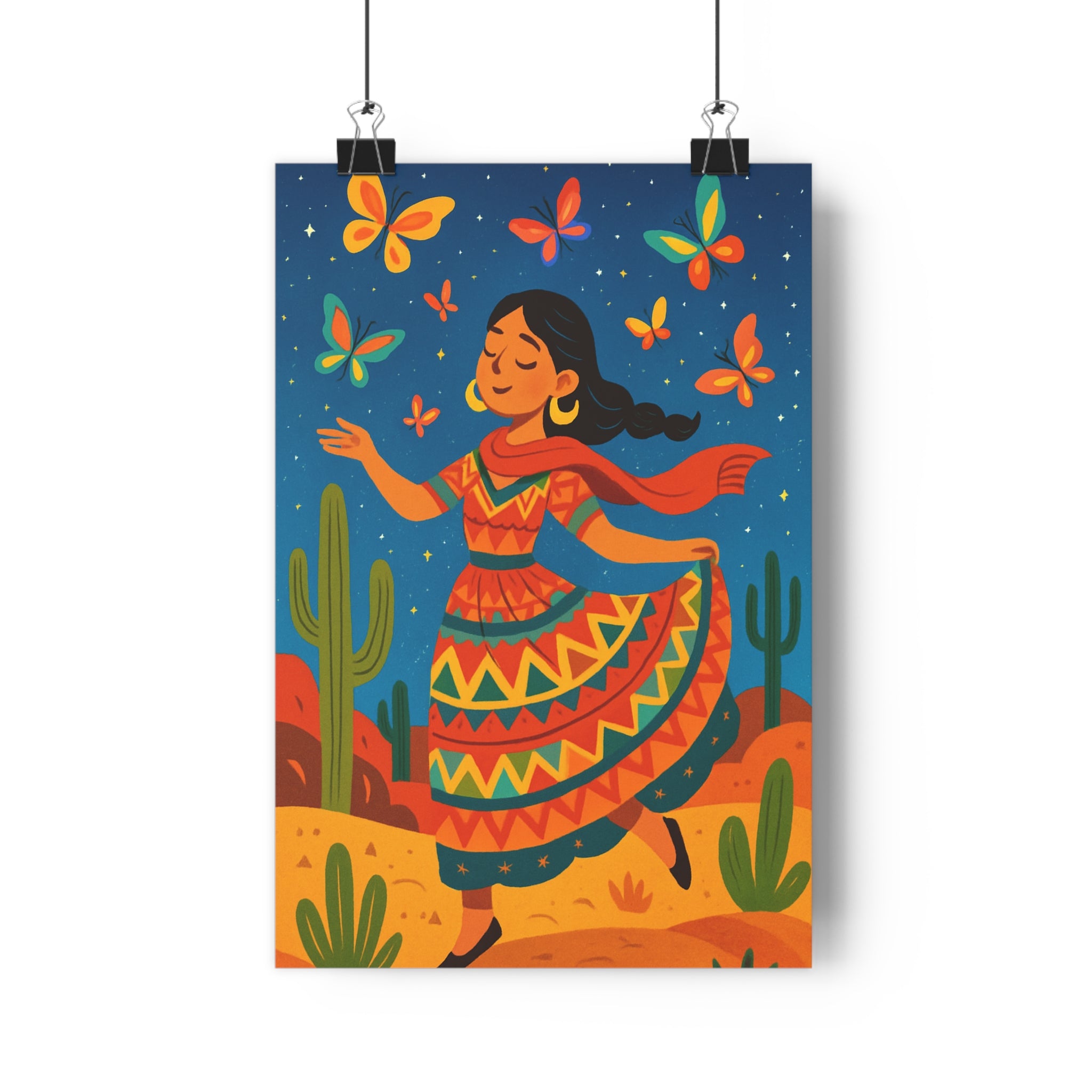 Poster décoratif dessin animé rouge bleu joyeux salon chambre femme papillons géométrique ciel étoilé