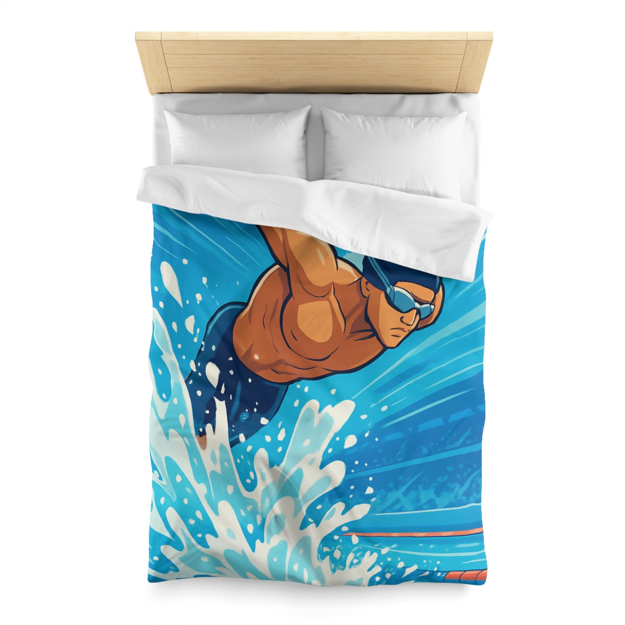 Housse de Couette Représentant Plongeur Dynamique dans Eau Bleutée avec Éclaboussures Énergiques