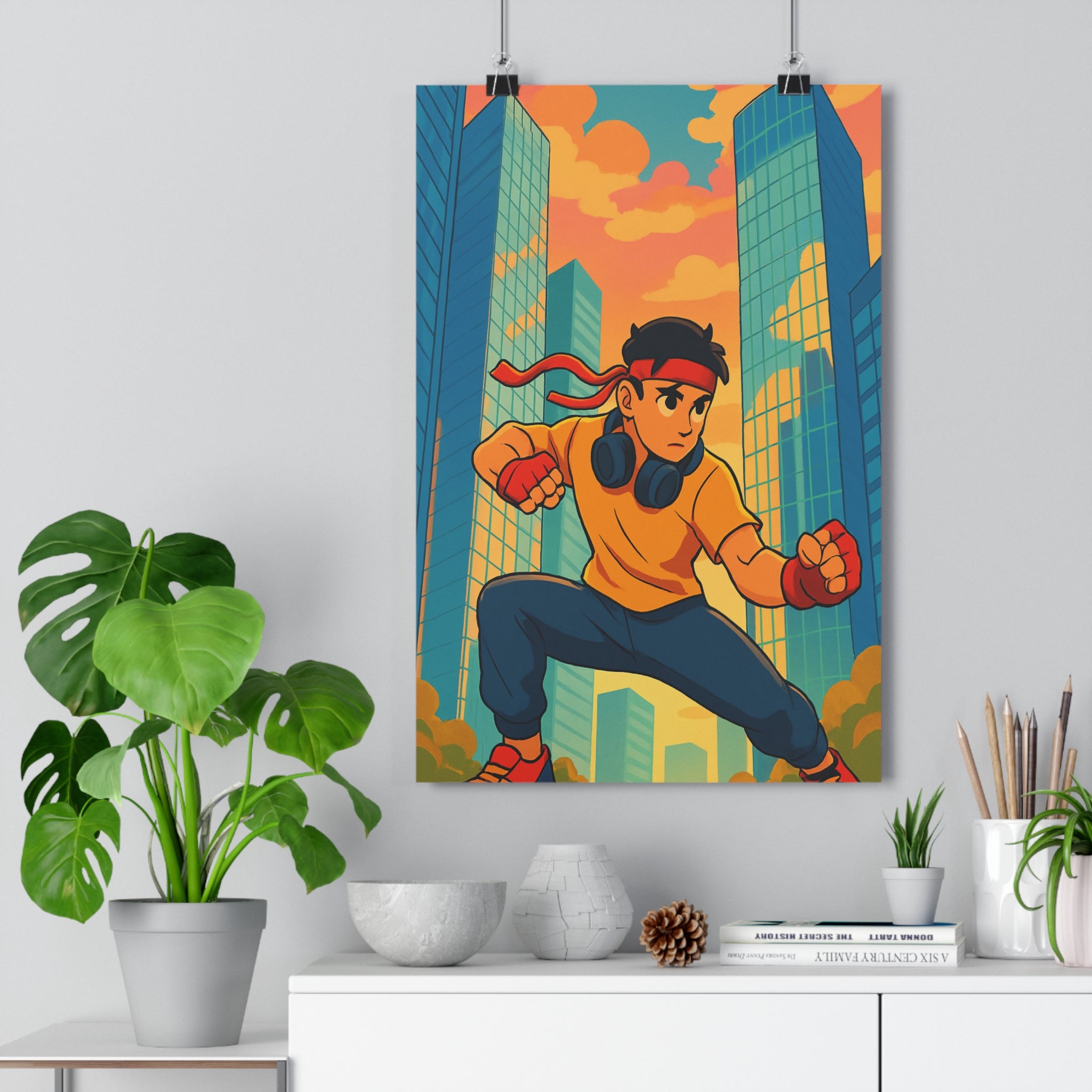 Poster décoratif urbain moderne orange dynamique stylisé combat personnage salon bureau contemporain chaud qualité