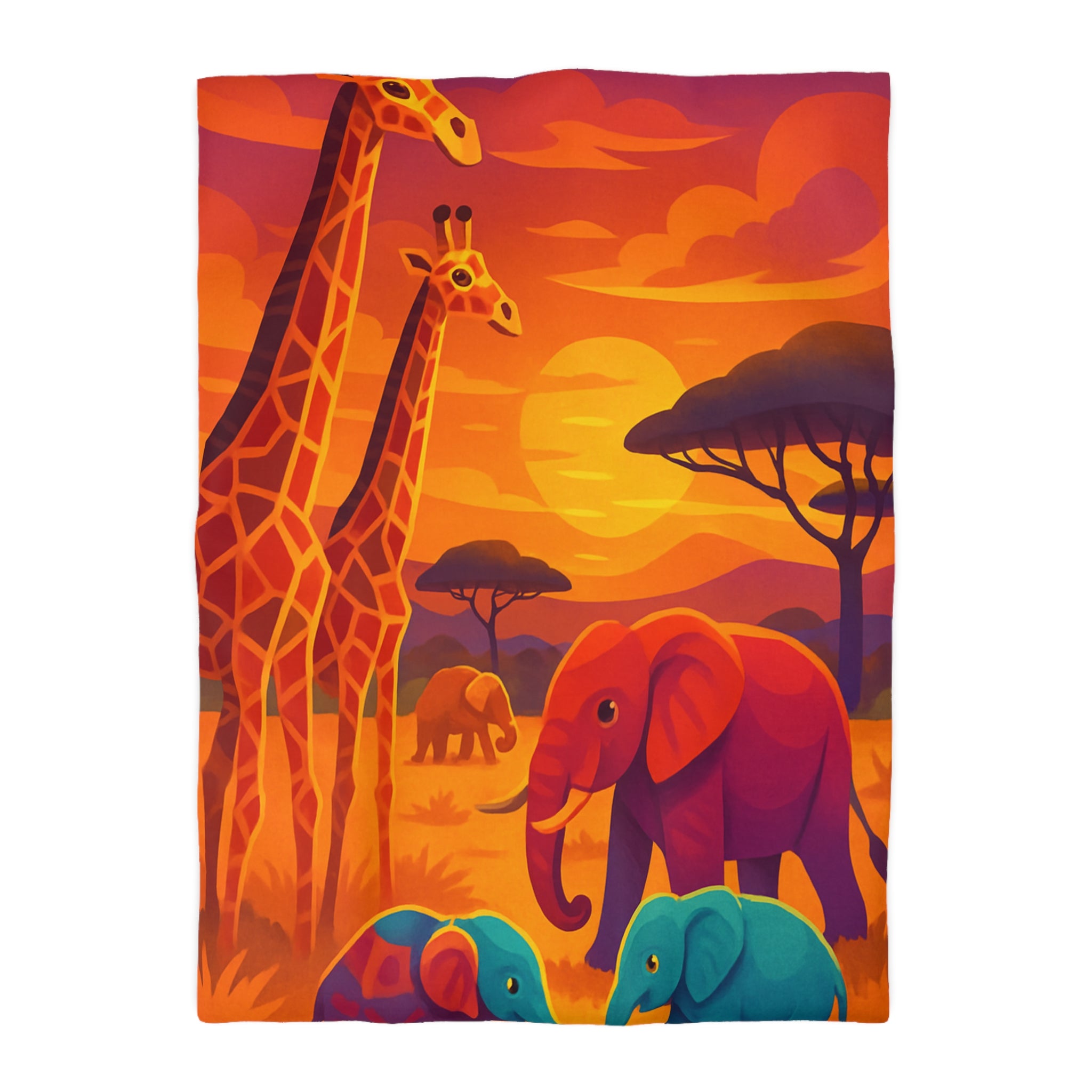 Housse de couette savane colorée avec éléphants et girafes sous coucher de soleil