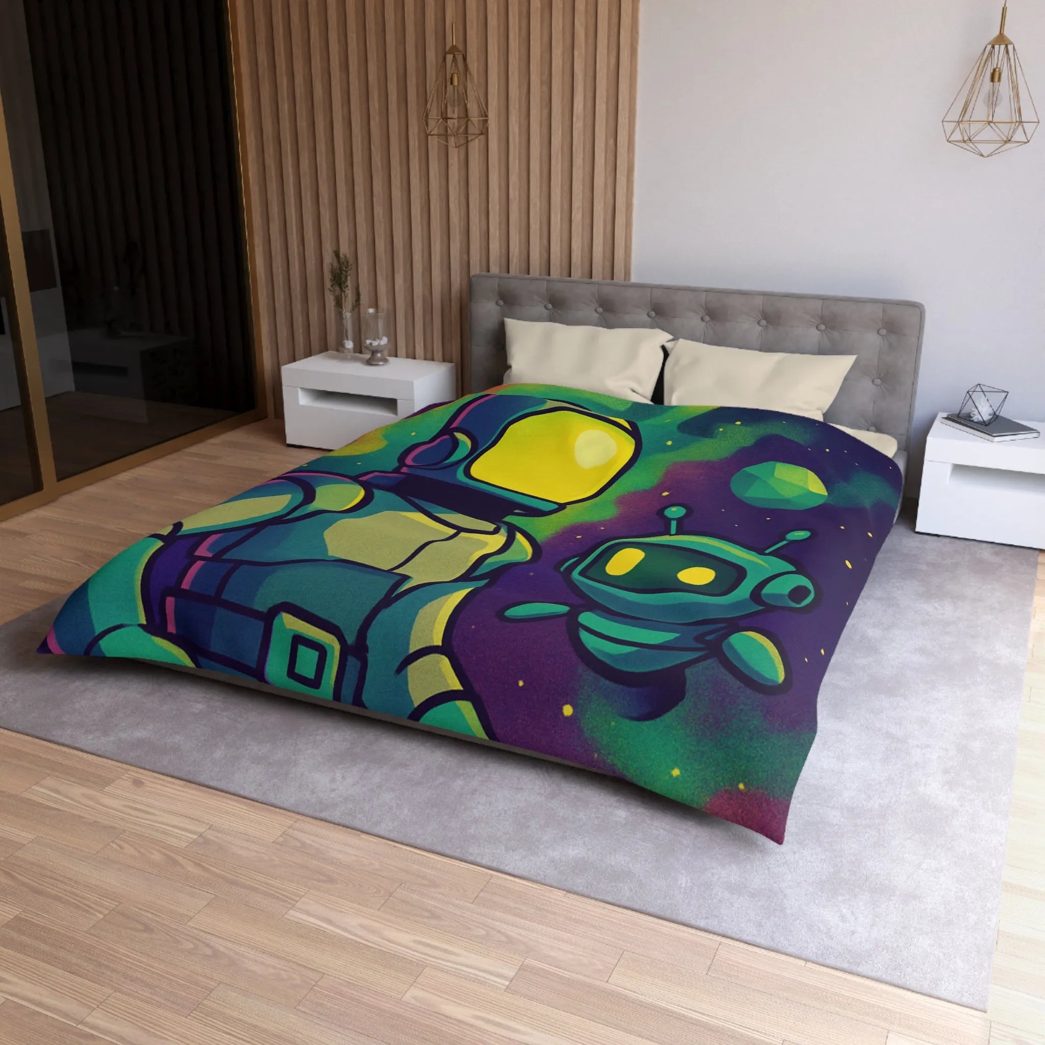 Housse de couette enfant espace avec cosmonaute et robot mignon en couleurs vives