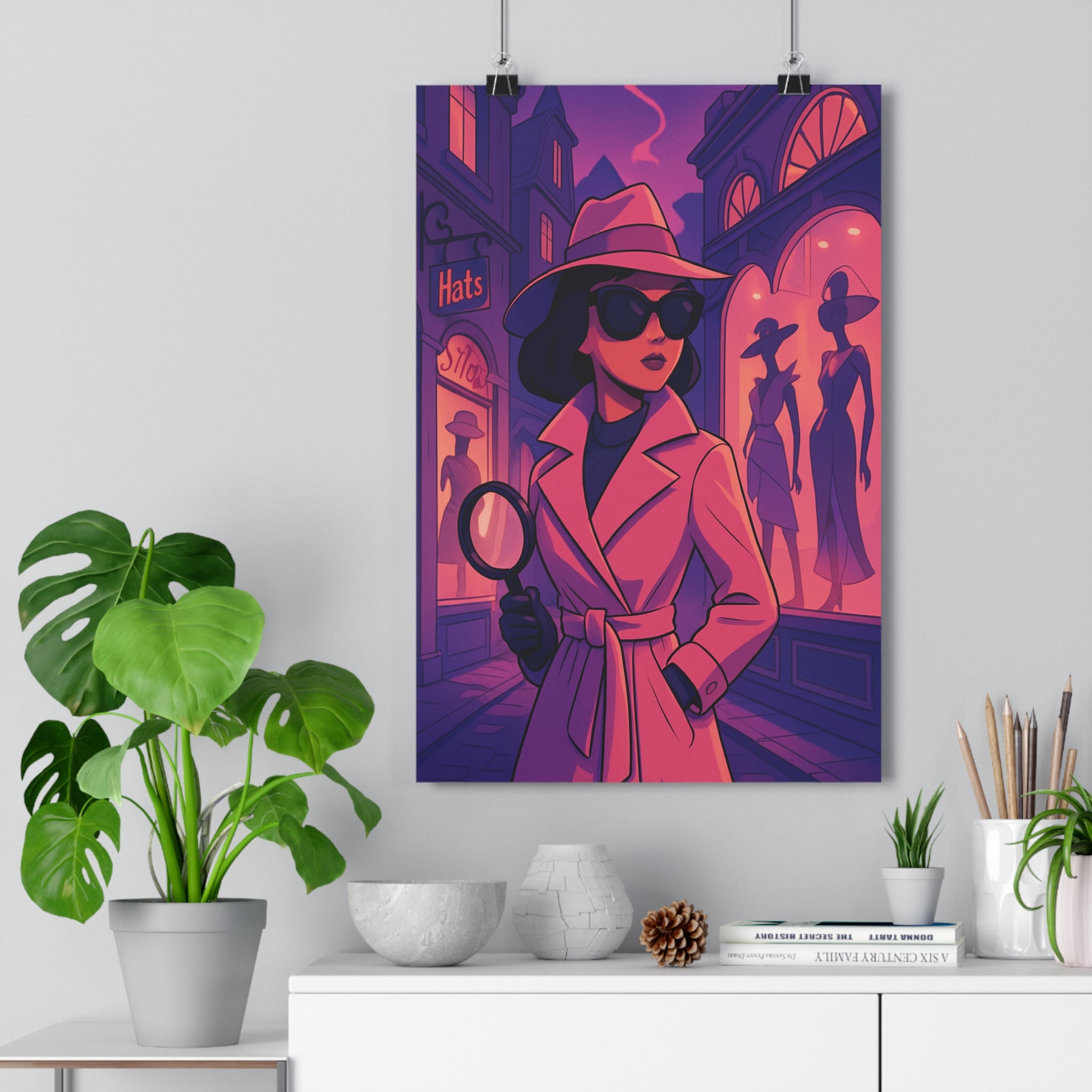 Poster décoratif mystérieux femme trenchcoat violet rose scène intrigue salon chambre vintage ambiance qualité