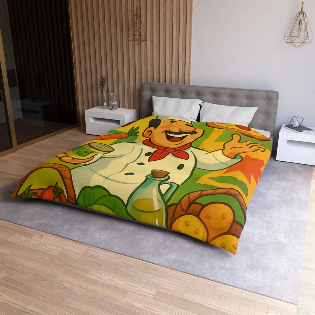 Housse de Couette Illustrée de Chef Heureux avec légumes et Pizza Méditerranéenne Colorée