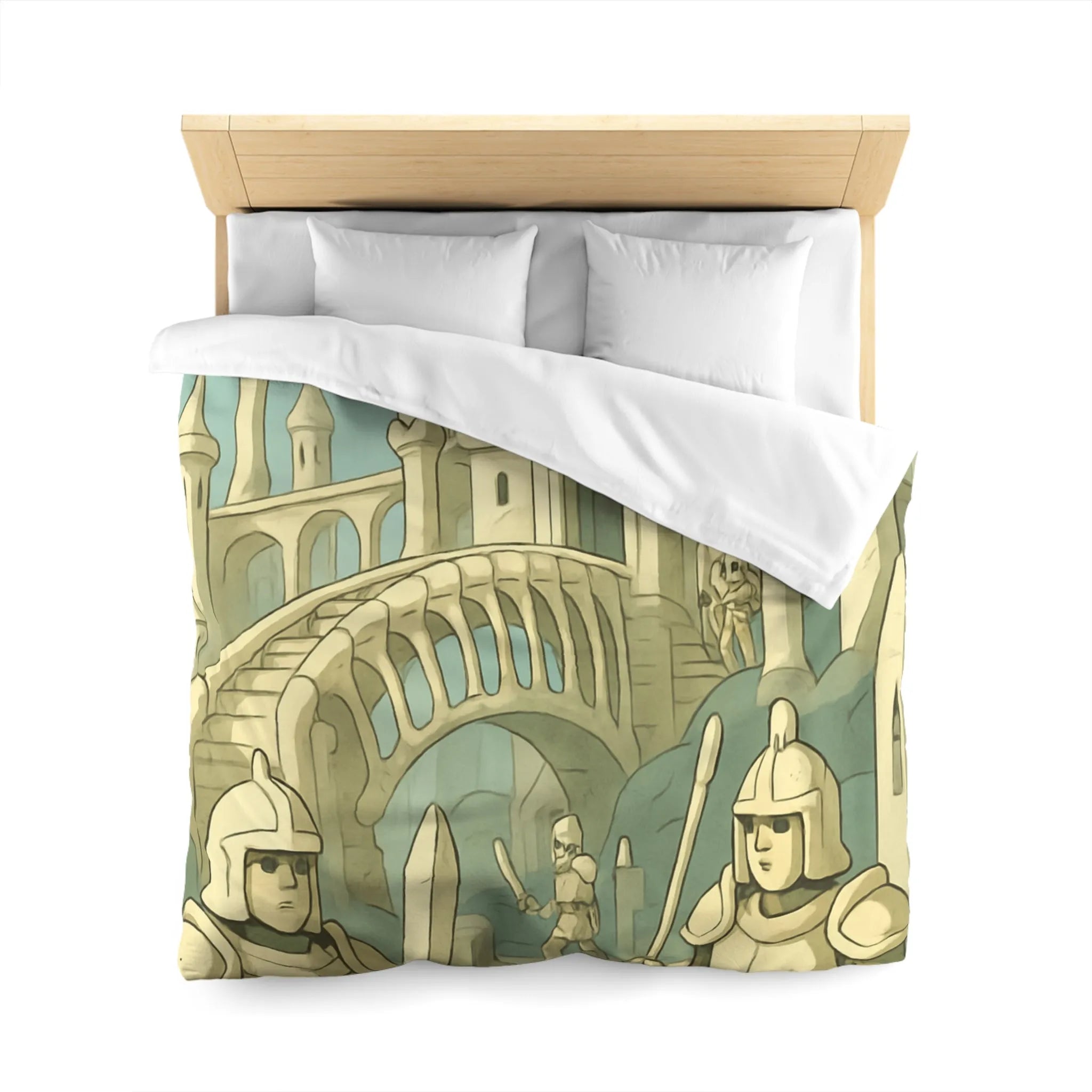 Housse de couette médiévale illustrée avec château crâne et chevaliers en armure