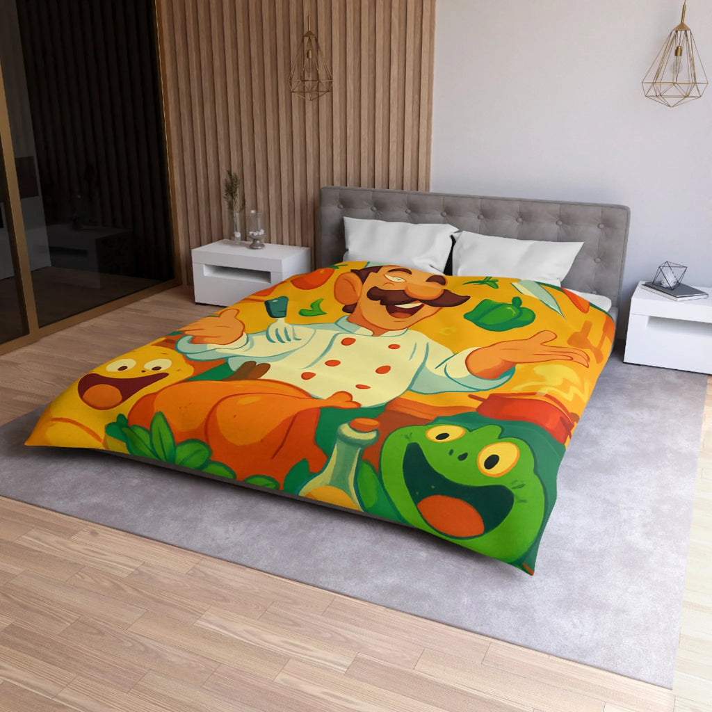 Housse de couette colorée avec chef animé, légumes et ustensiles pour enfants