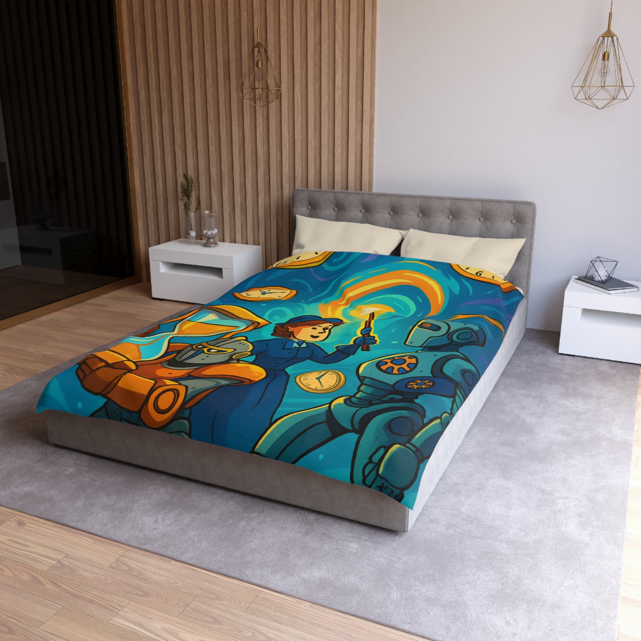 Housse de couette thème science fiction avec robots et horloges pour chambre moderne