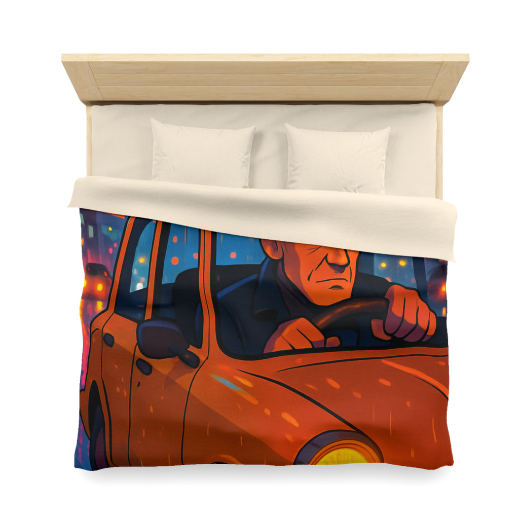 Illustration Nocturne Métropole avec Chauffeur de Taxi sous Pluie pour Housse de Couette