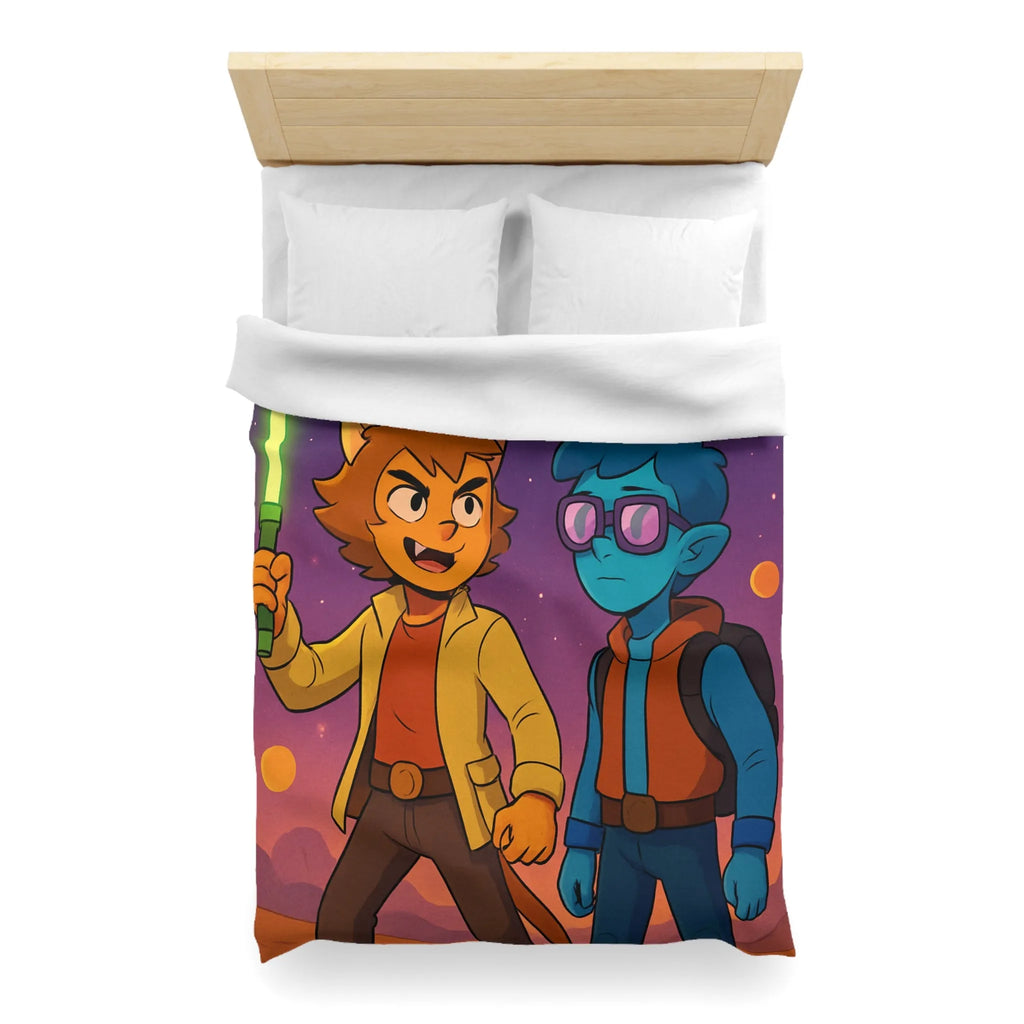 Housse de couette avec deux personnages dans l'espace, ambiance rétro futuriste colorée