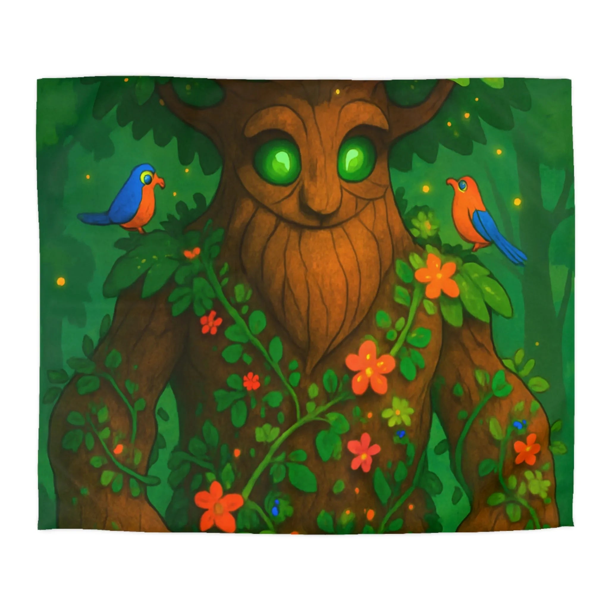 Housse de couette magique avec créature arborescente et oiseaux colorés en forêt enchantée