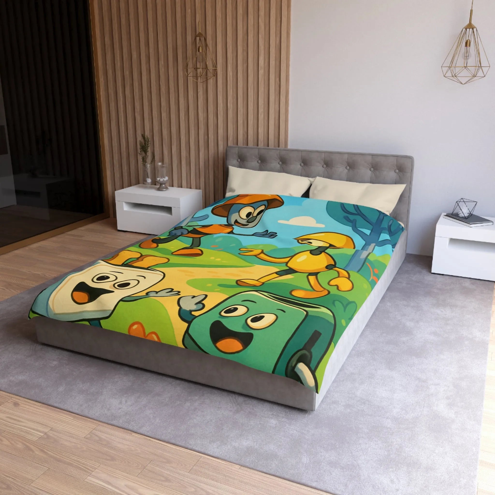 Housse de couette colorée avec robots joyeux et paysage forestier graphique