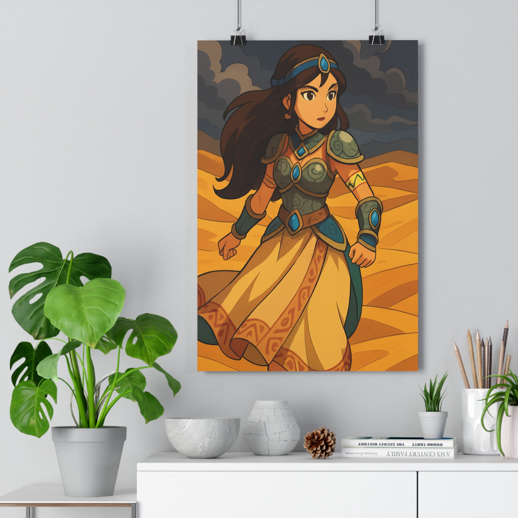 Poster décoratif guerrière désert doré épique aventure chambre salon moderne couleurs contrastées élégance armure