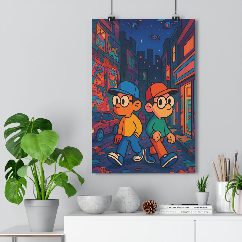 Poster décoratif cartoon urbain vibrant néons futuriste coloré salon chambre moderne design tendance dynamique