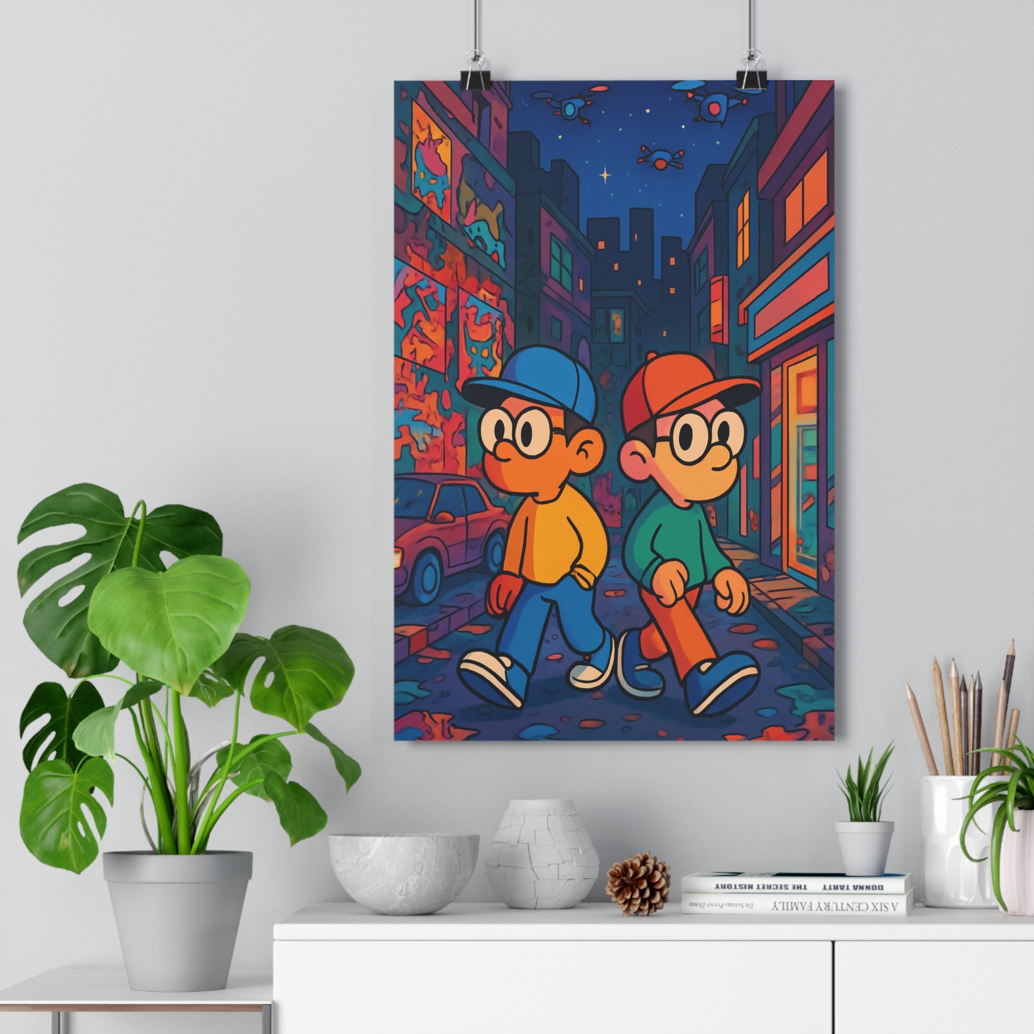 Poster décoratif cartoon urbain vibrant néons futuriste coloré salon chambre moderne design tendance dynamique