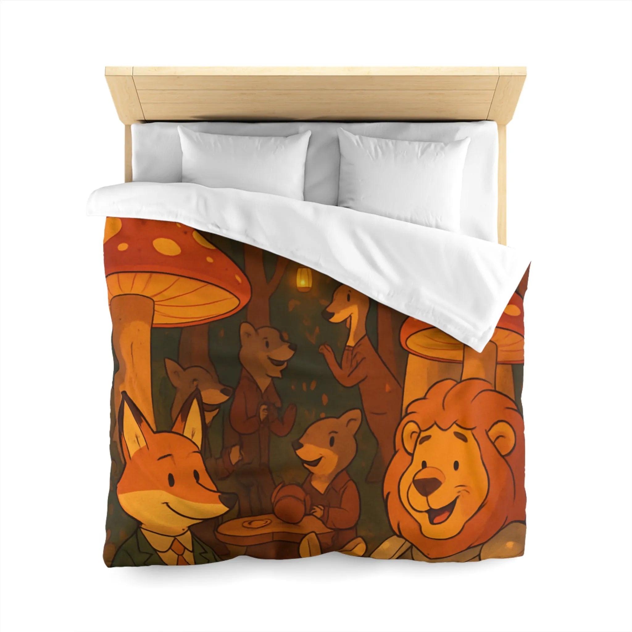 Housse de couette enchantée avec animaux sous champignons géants dans une forêt magique