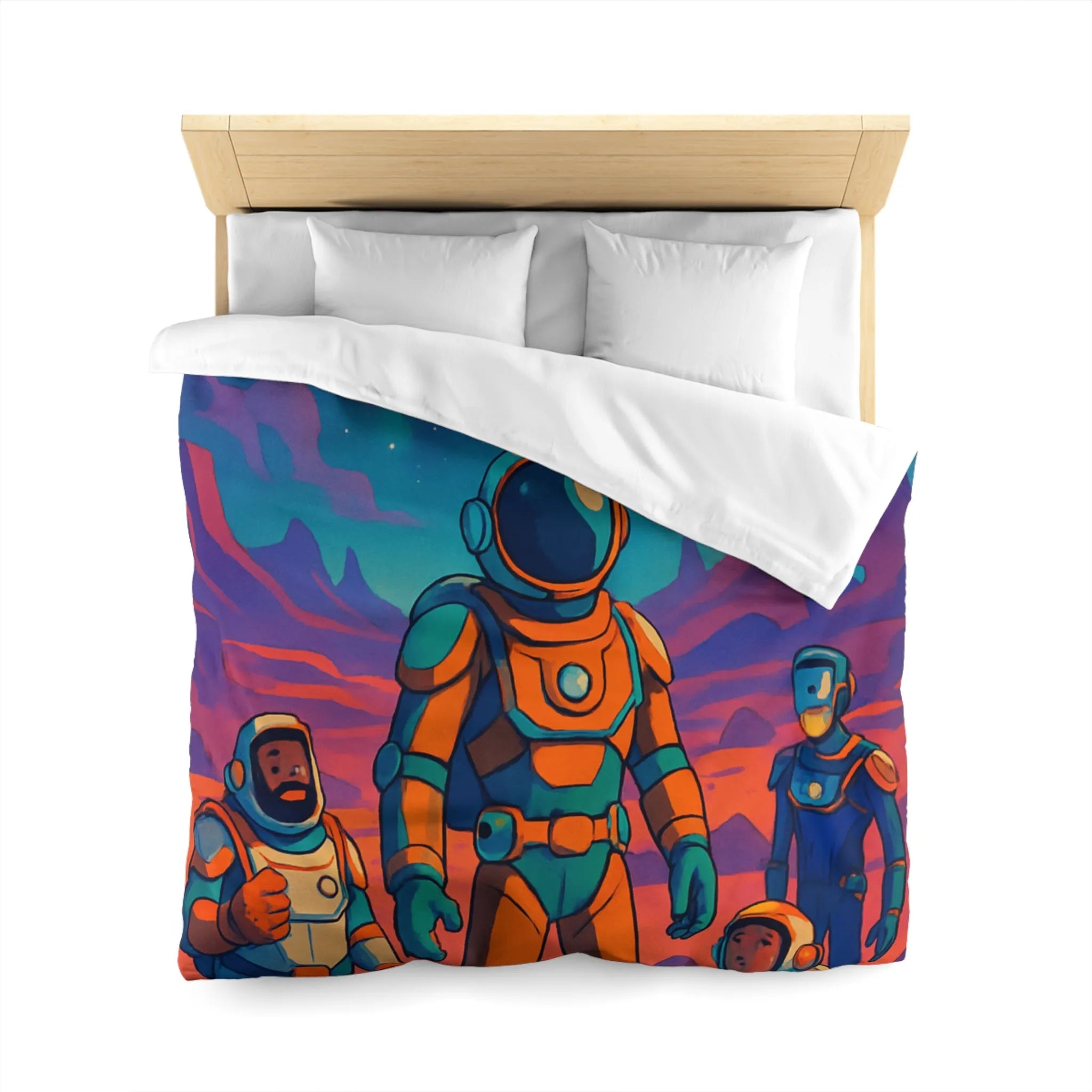 Housse de couette avec des astronautes et formes géométriques sous ciel étoilé coloré