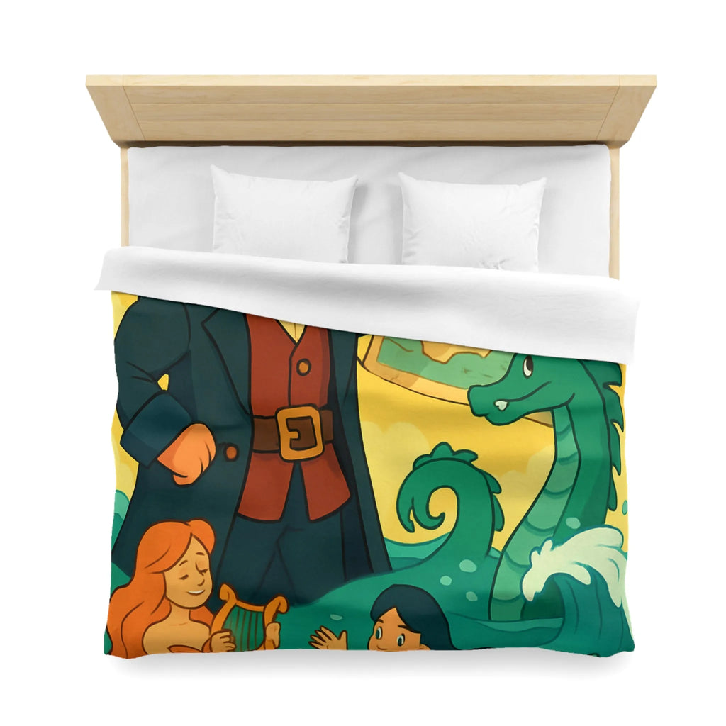 Housse de couette illustrée pirate avec carte, sirènes et monstre marin ludique